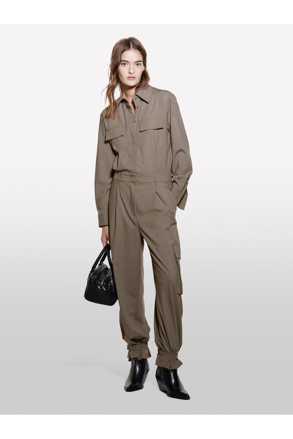 Sisley-Women's Khaki Viscous Blended Cap Pocket Detail Pointed Collar Long Jumpsuit 1