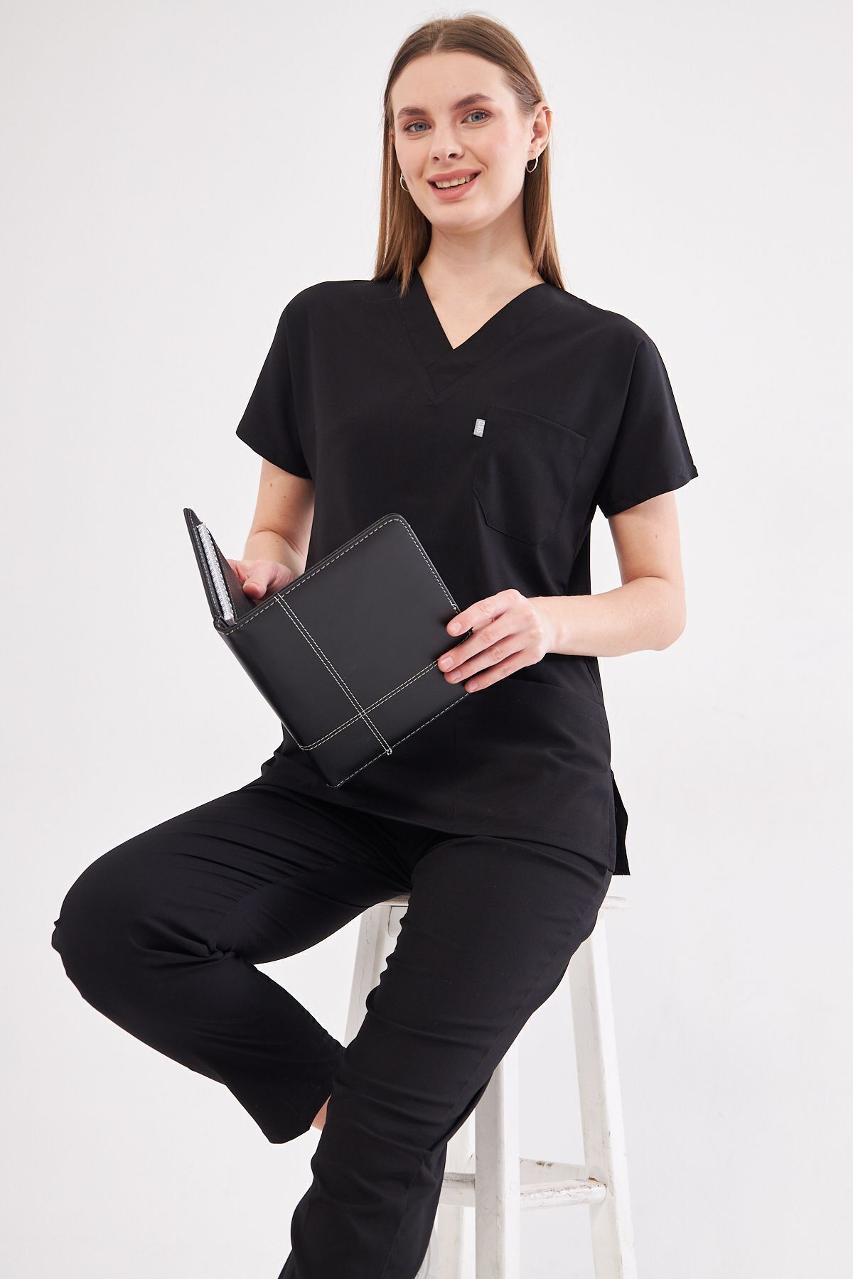 Class Üniforma-Unisex Black Scrubs - Bat Sleeve Nurse and Doctor Set 7