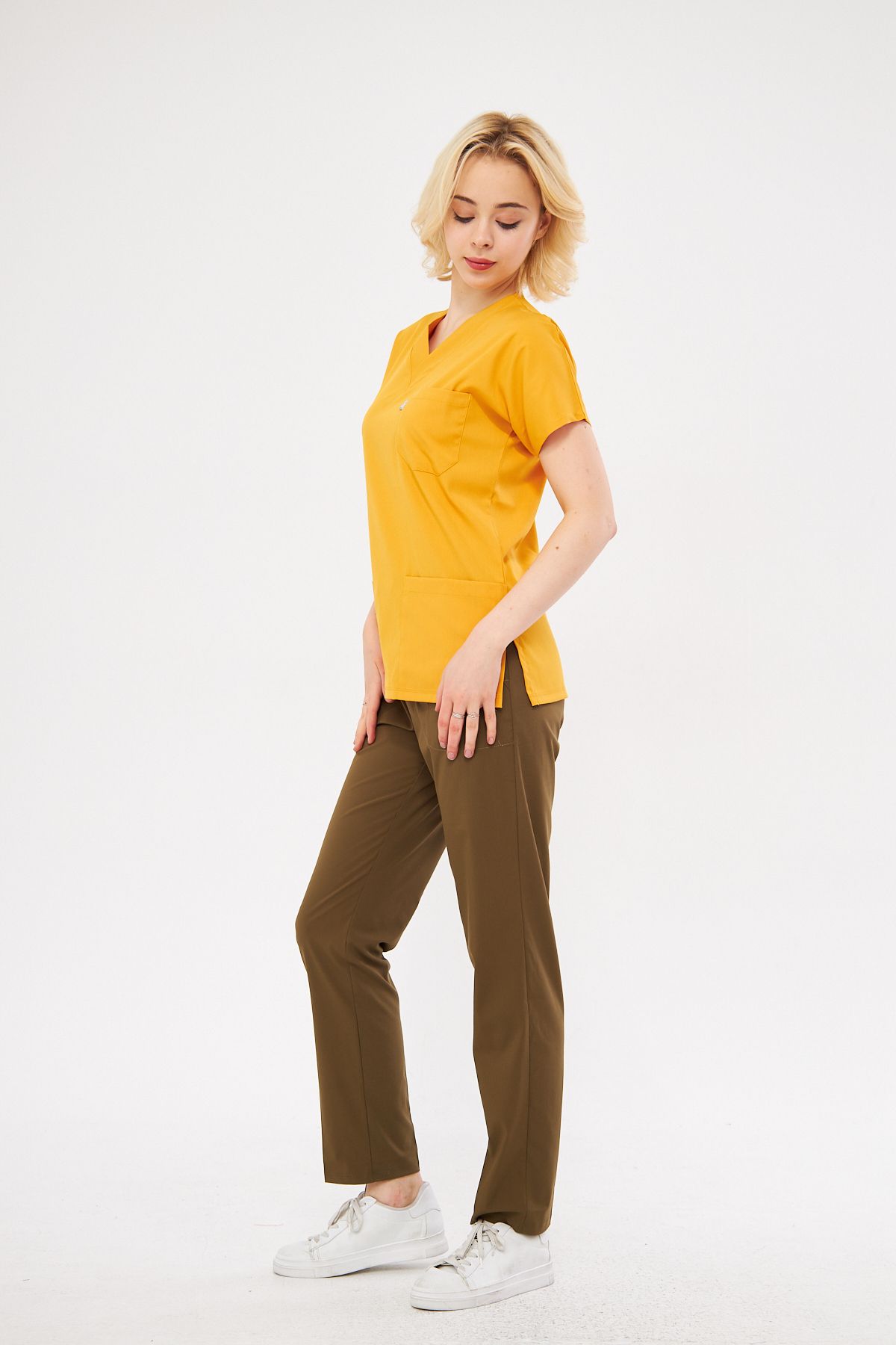 Class Üniforma-Set de scrubs unisex - muștar kaki, lycra, mânecă liliac, uniformă pentru asistentă și doctor 5