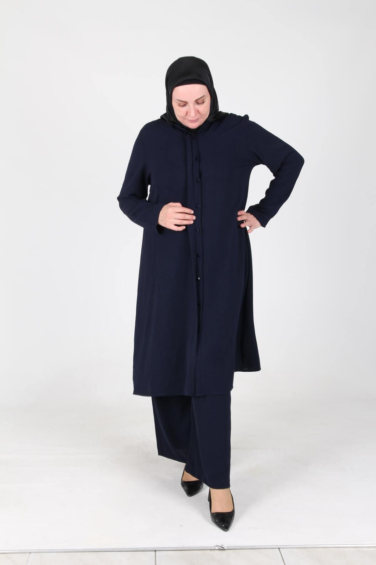 sefamerve-Aykal Ayrobin Large Size Buttoned 2 Piece Set 2613-07 Navy Blue 1