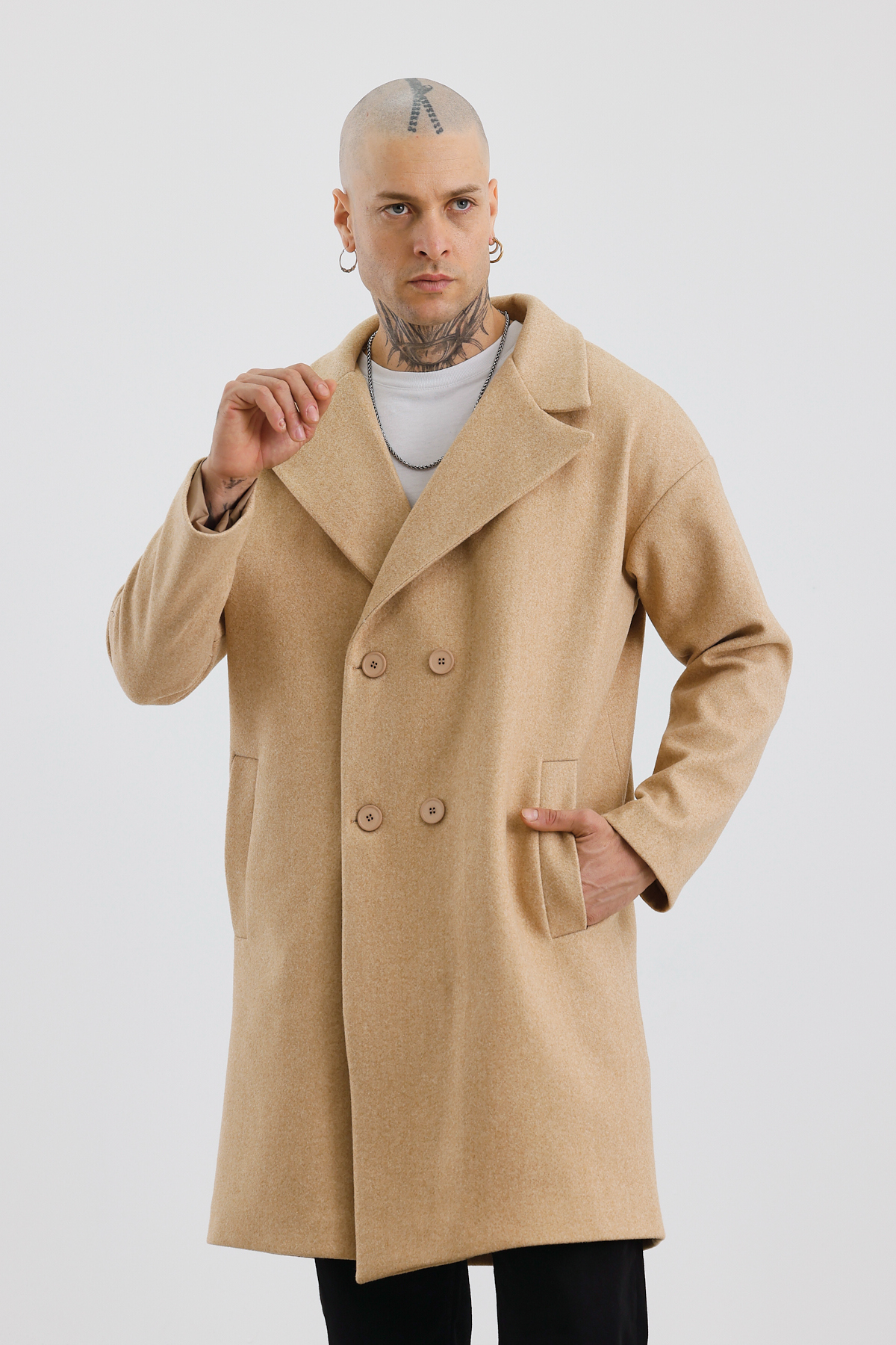 İLKCET MODA  Premium Bej Oversize Erkek Düğmeli Kaşe Kaban - Görsel 7