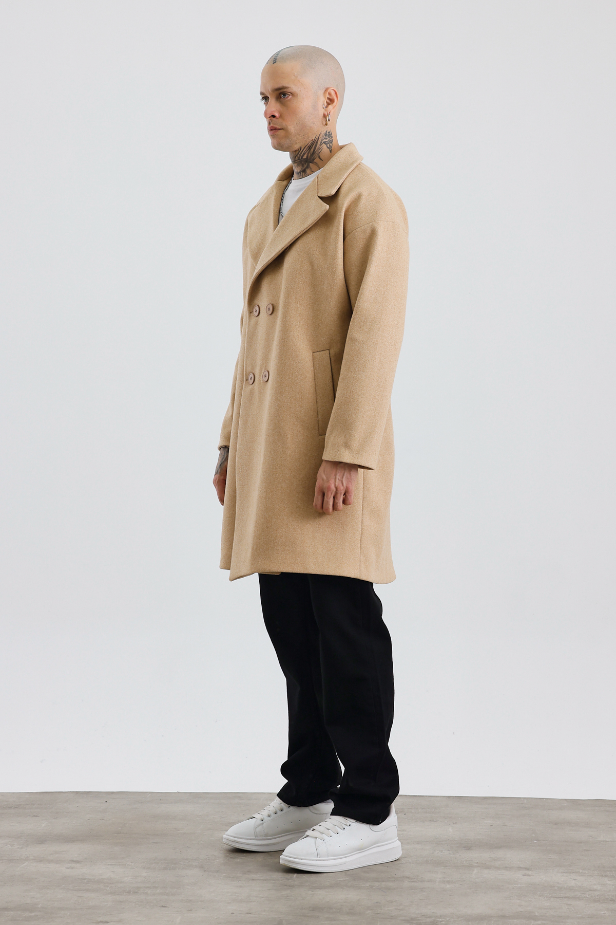 İLKCET MODA  Premium Bej Oversize Erkek Düğmeli Kaşe Kaban - Görsel 3