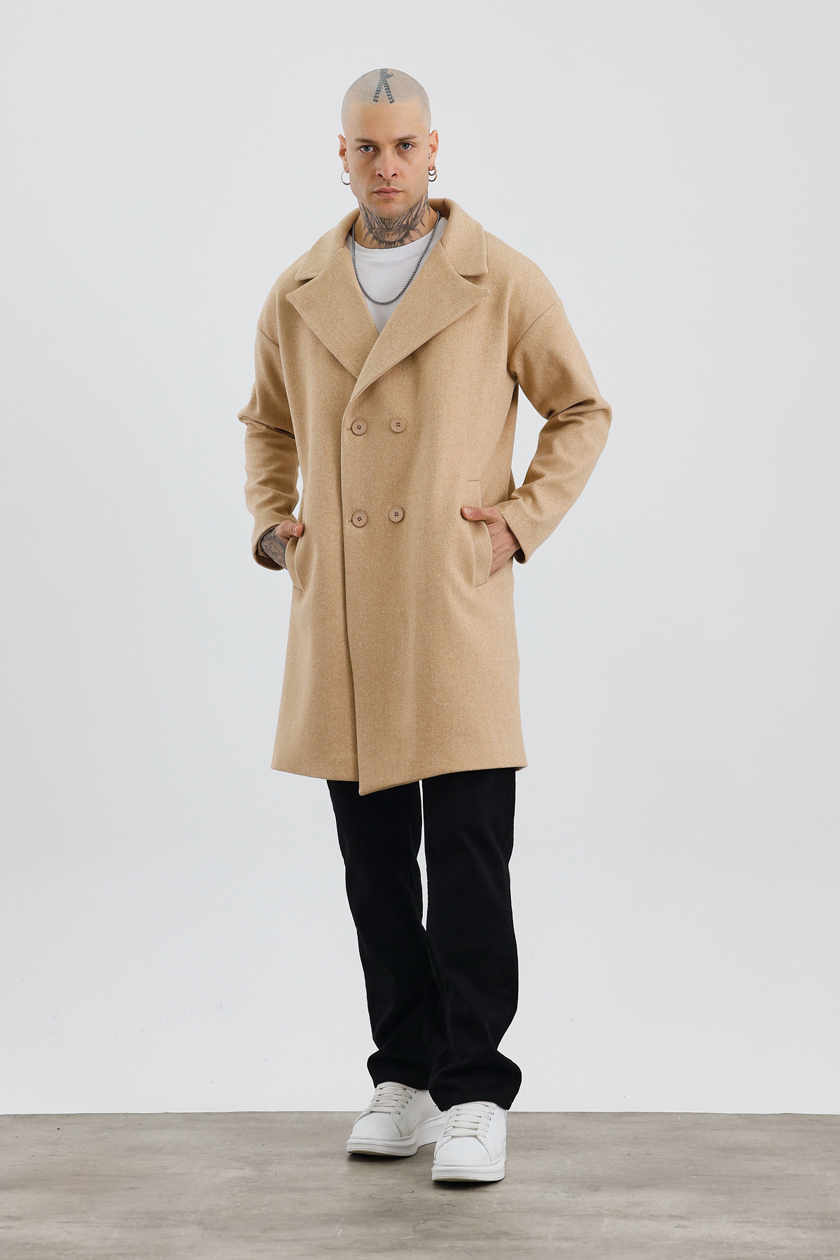 İLKCET MODA  Premium Bej Oversize Erkek Düğmeli Kaşe Kaban - Görsel 6