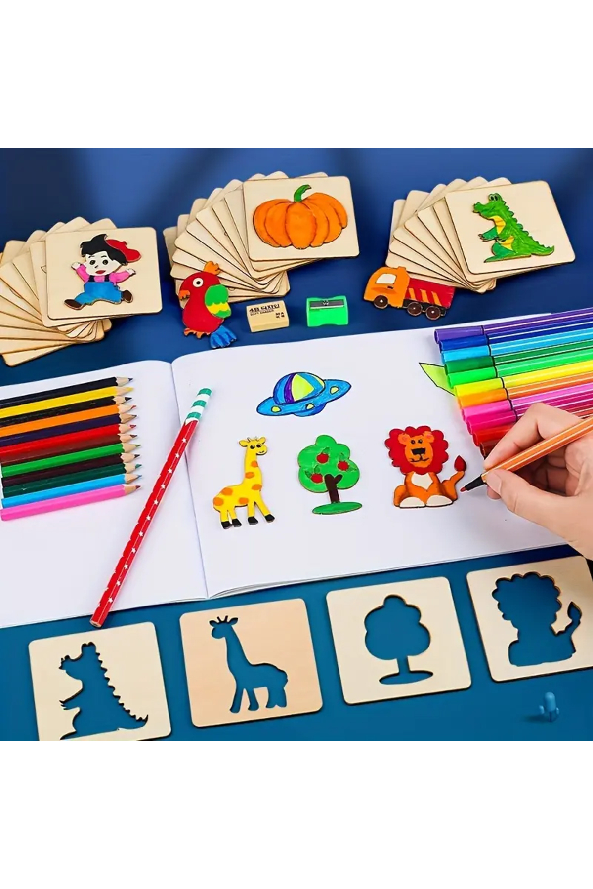 Montessori Çizim Oyuncakları (20 Adet) Ahşap Dıy Boyama Şablonları Öğrenme Eğitici Oyuncaklar