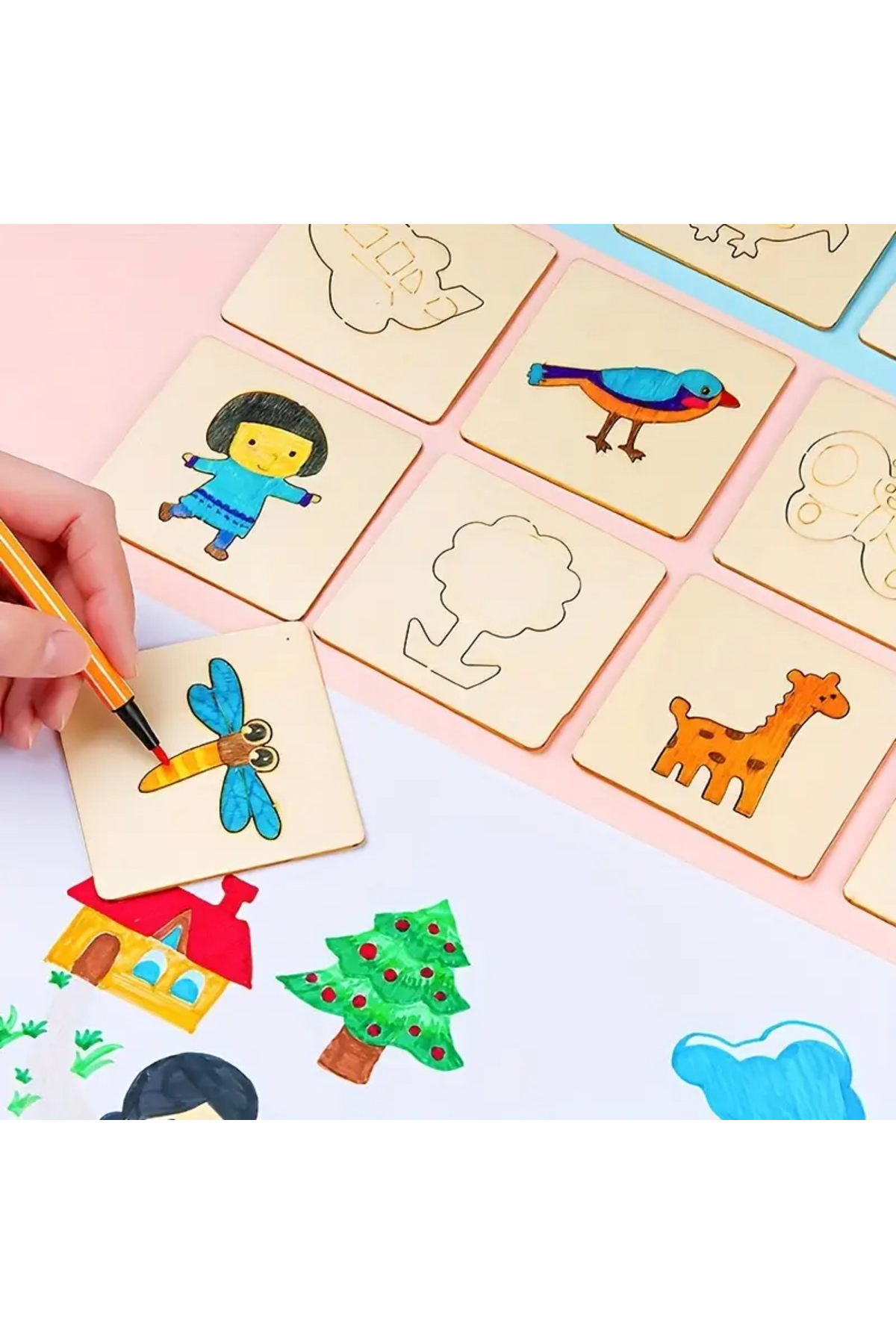 Montessori Çizim Oyuncakları  (20 Adet) Ahşap Dıy Boyama Şablonları Öğrenme Eğitici Oyuncaklar 2