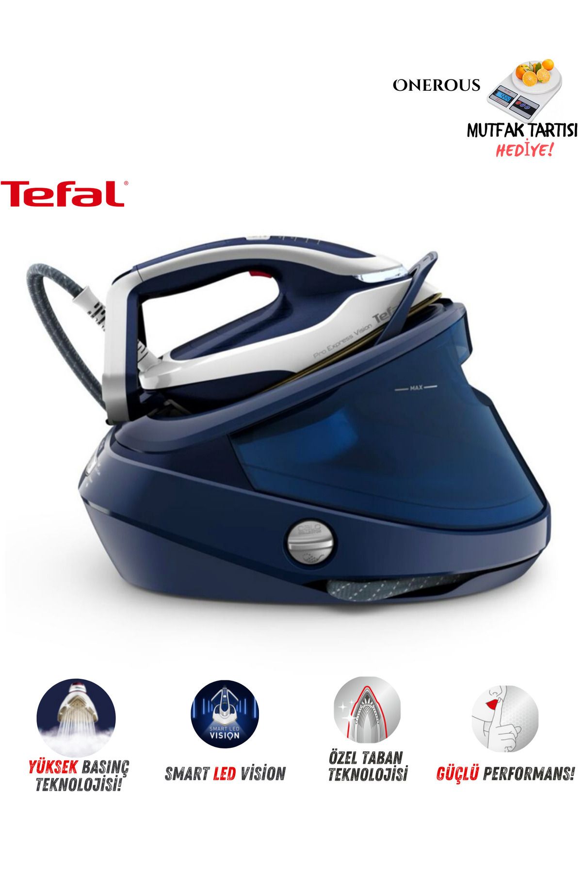 TEFAL 700 G/dk Güçlü Akıllı Buhar, Pro Express Vision Premium Buhar Kazanlı Ütü, Özel Tabanlı, 8 Bar