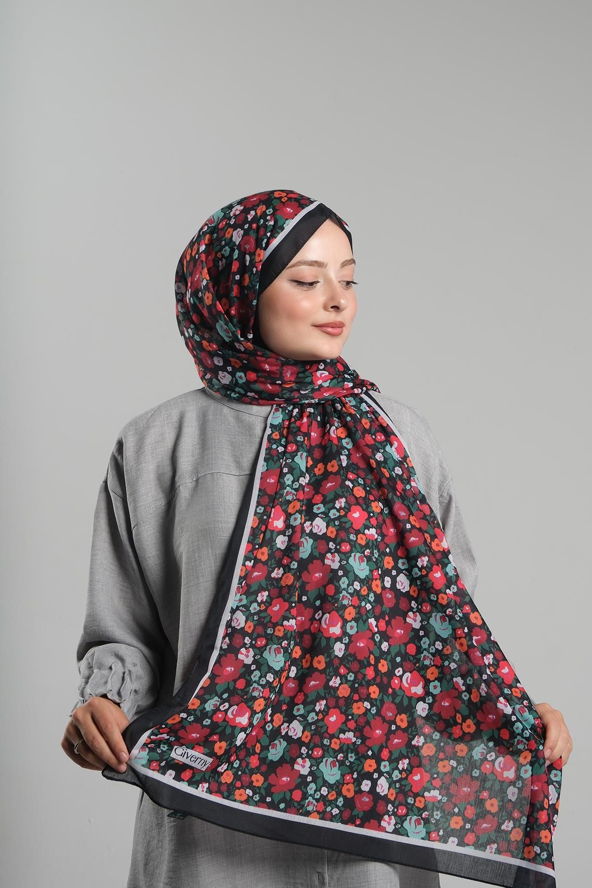 Giverny-Cotton Floral Patterned Burgundy Shawl - Digital Printing, Cut Fiber 202113 _16 2