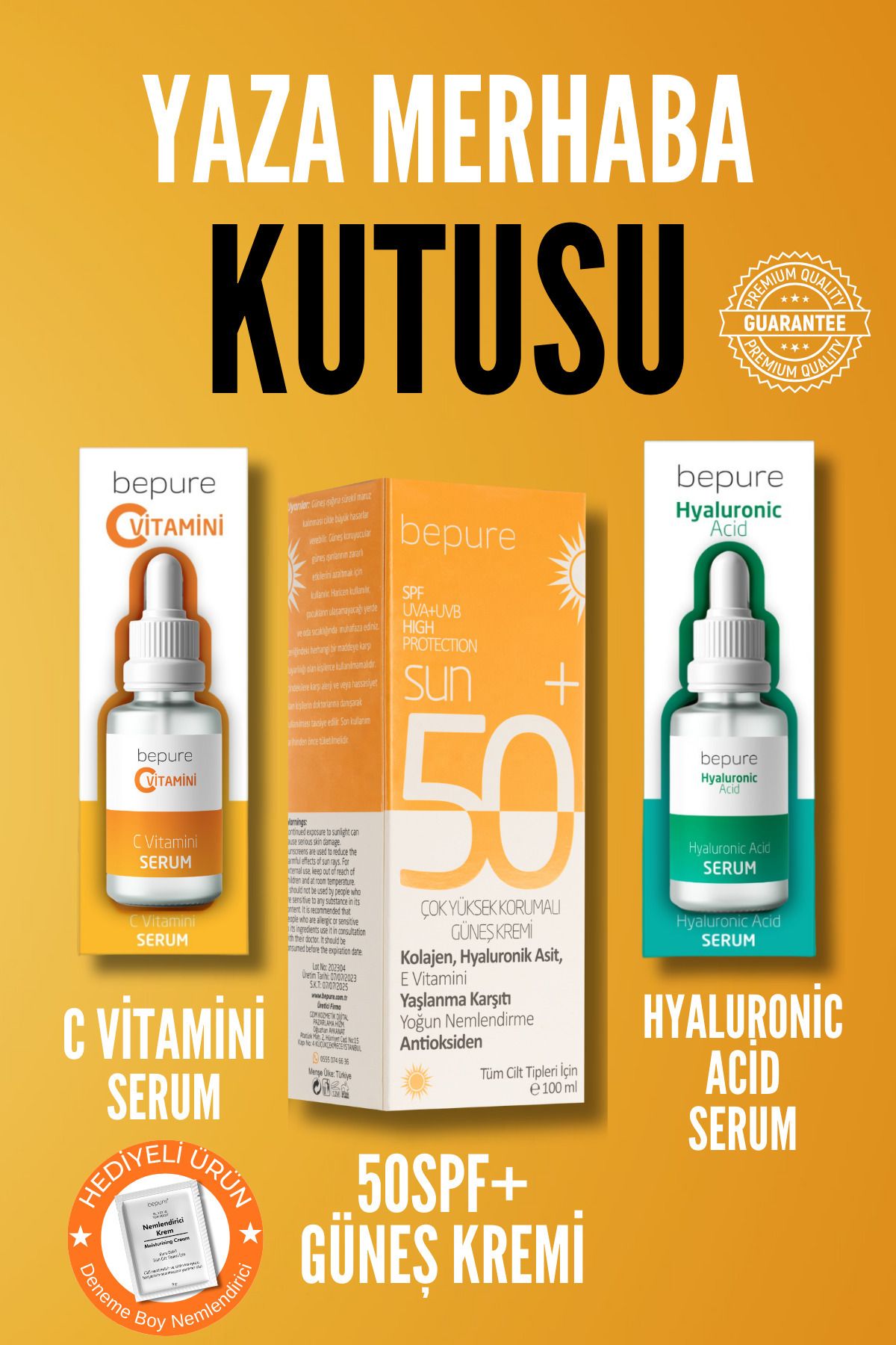 Bepure C Vitamini Serum 30ML, Hyaluronic Acid Serum 30ML ve Güneş Kremi 100ML 50 Spf+ Yaza Merhaba Kutusu