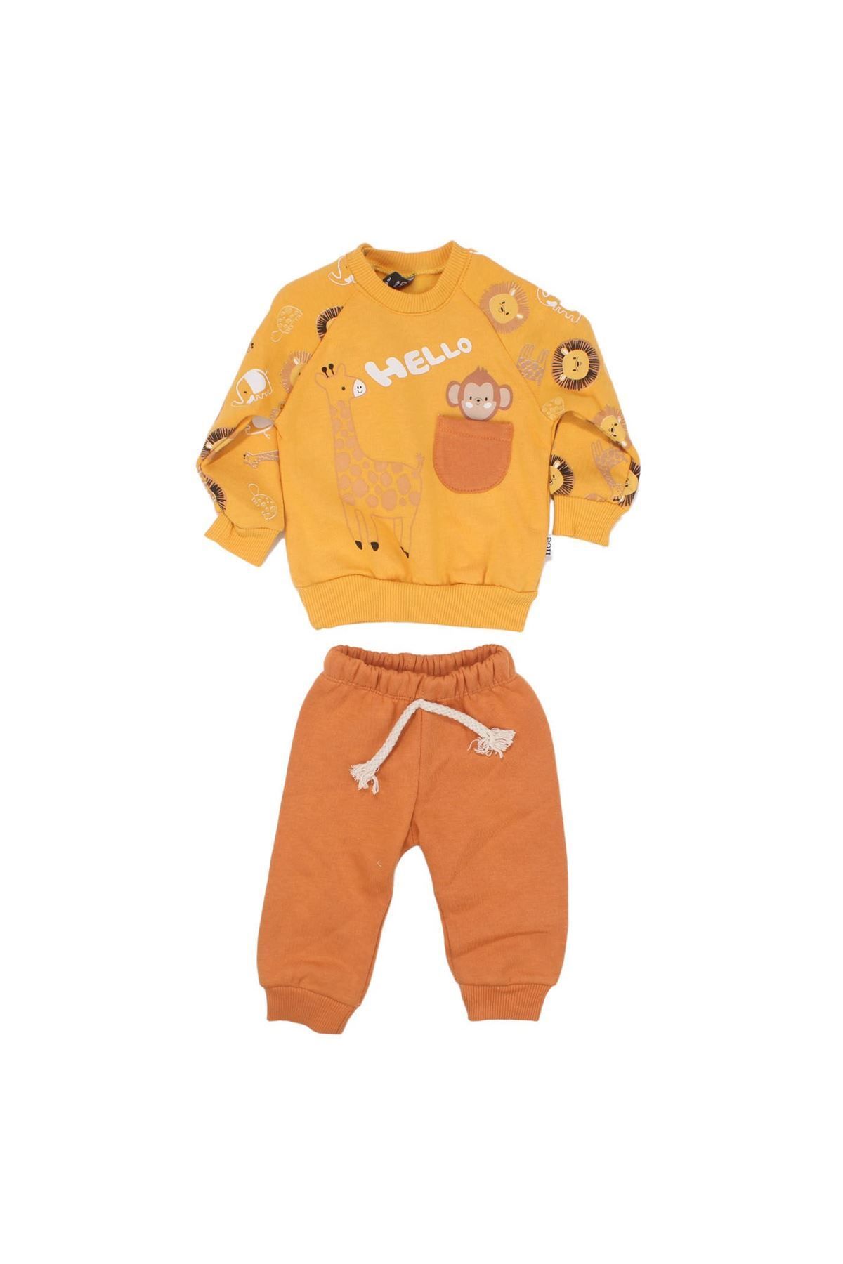 by BebekOdam-Mustard Monkey Printed 2-Piece Baby Boy Set with Pockets 1