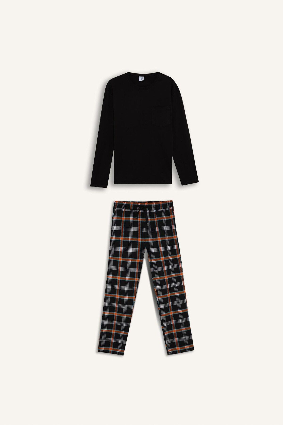 DeFacto-Crew Neck Long Sleeve Pajamas Set - Regular Fit, Top Check, Long Bottom C6122Ax24Wn 7