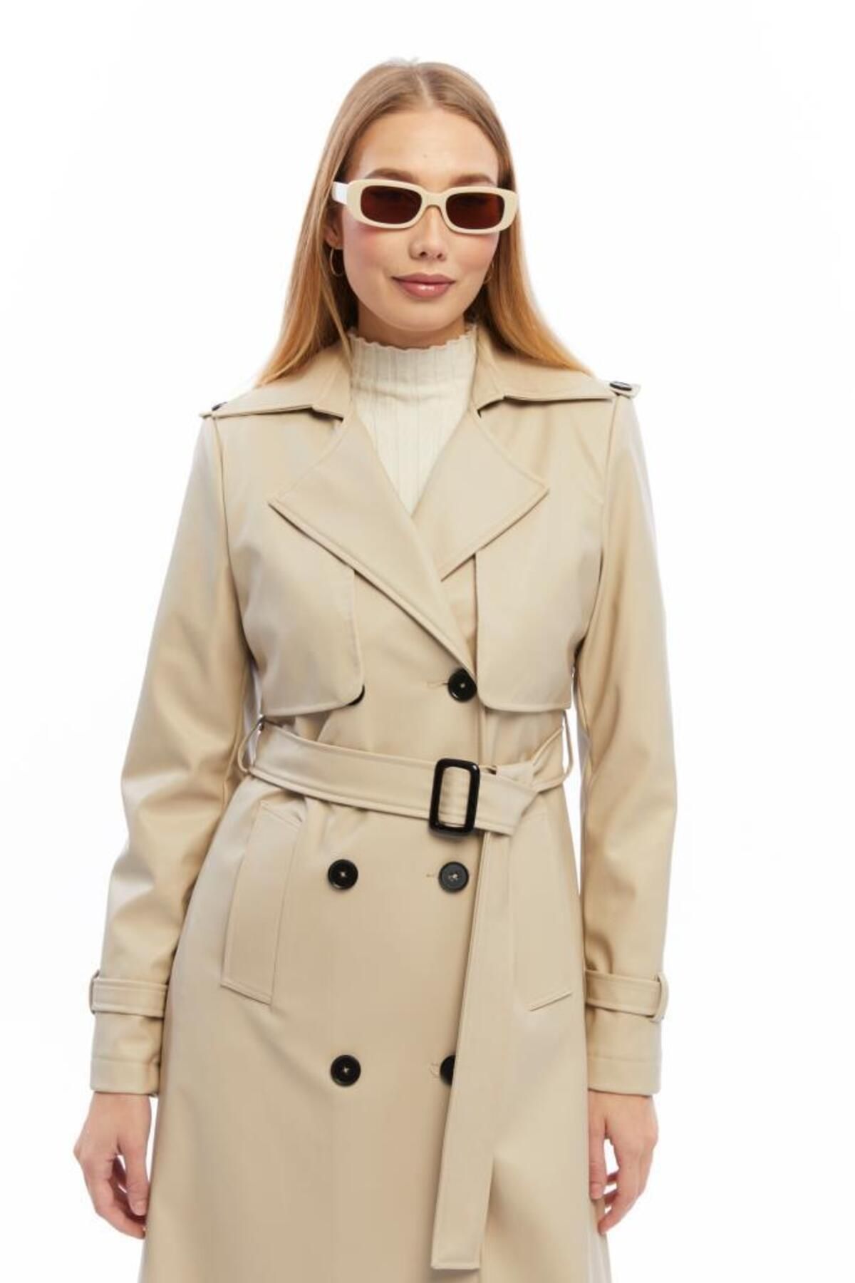 Jamila-Long Leather Trench Coat with Double Pockets 1