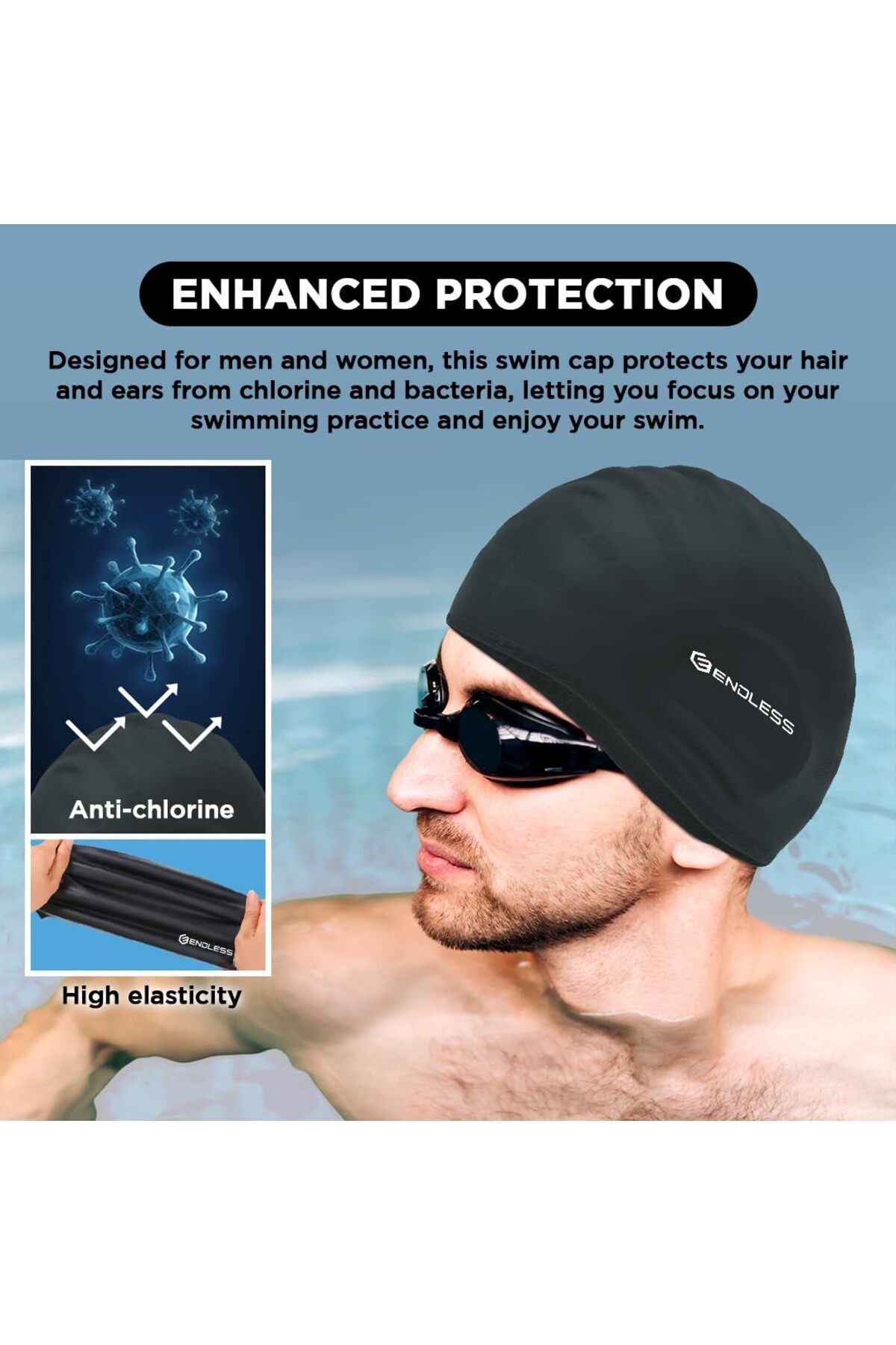 Endless-Silicon Swimming Cap | Ergonomic Ear Pockets | Waterproof | Black | Free Size 4