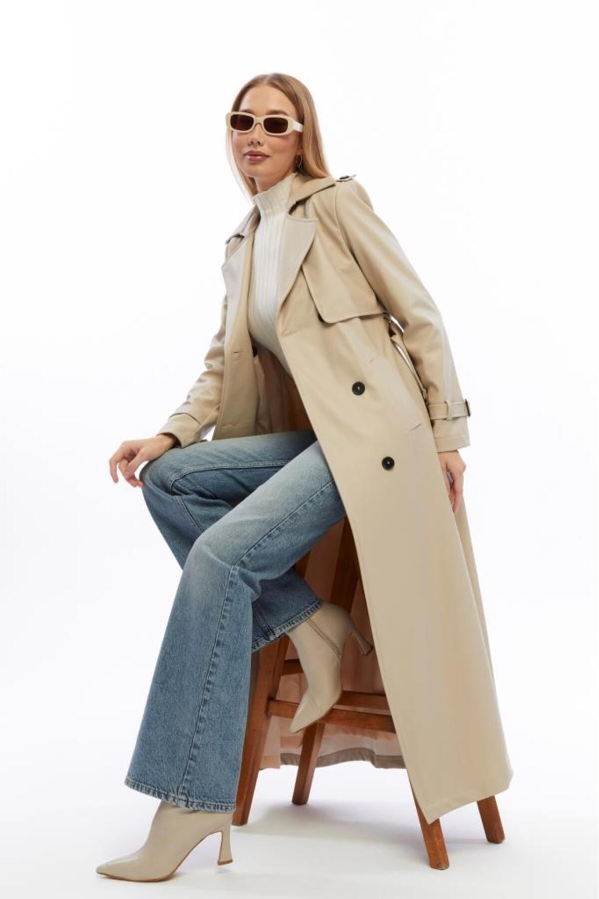 Jamila-Long Leather Trench Coat with Double Pockets 5