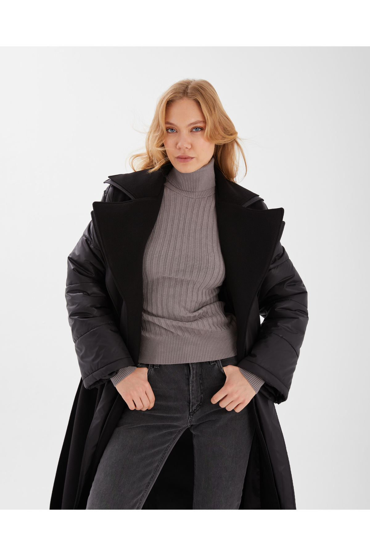 ŞEYDA ERTEM  SİYAH YÜNLÜ KAŞE PUFFER UZUN KALIN MANTO - Görsel 5