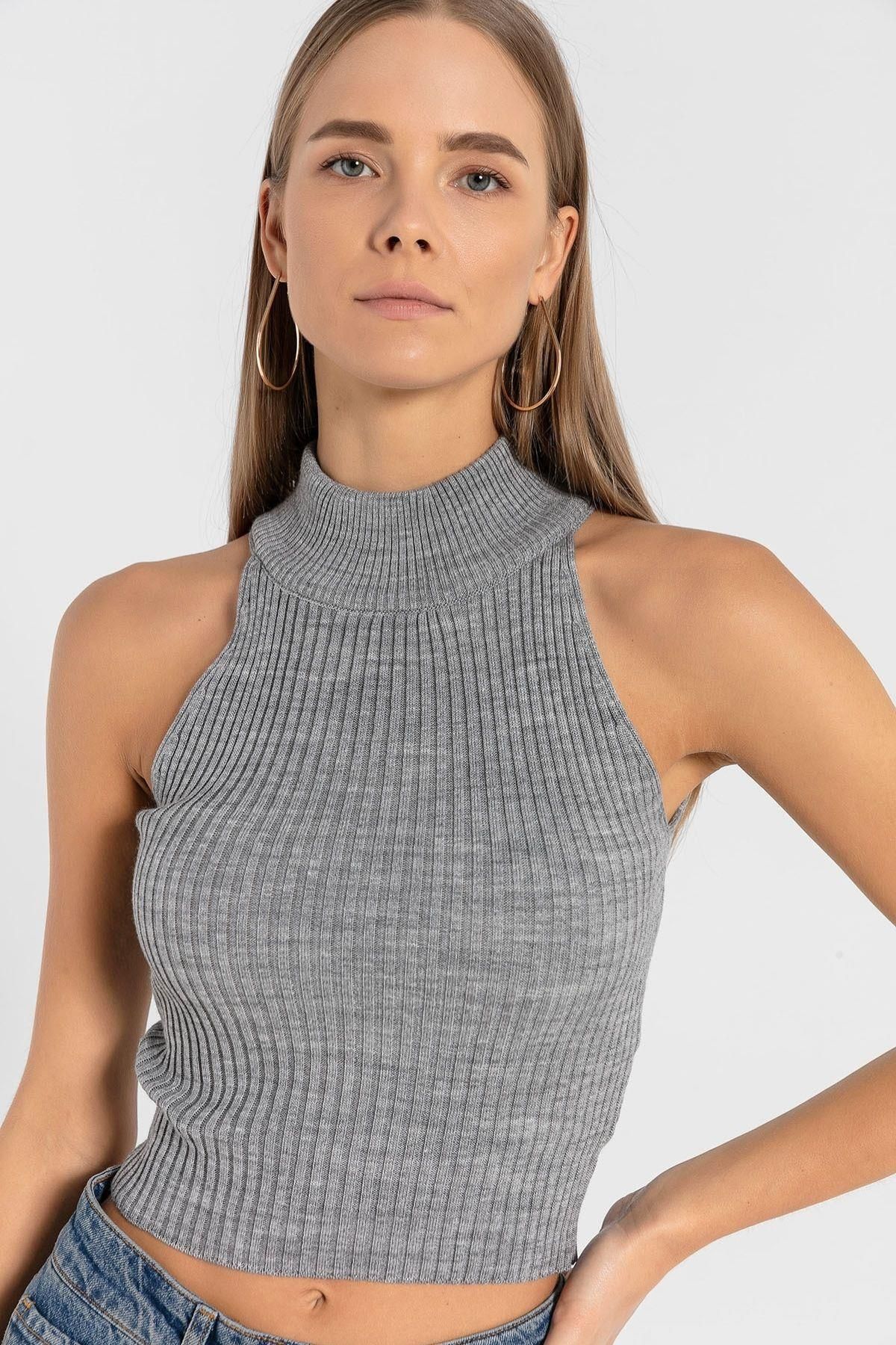 Miss Poem-Women's Turtleneck Turtleneck Sleeveless Short Gray Knitwear Crop 4