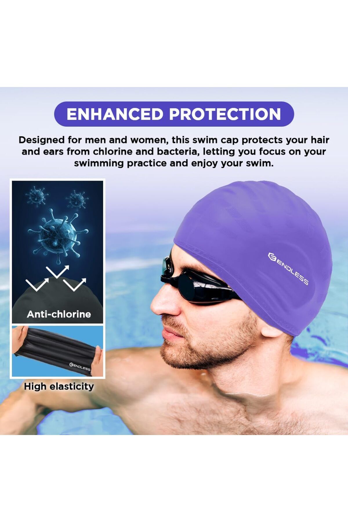 Endless-Silicon Swimming Cap | Ergonomic Ear Pockets | Waterproof | Purple | Free Size 4