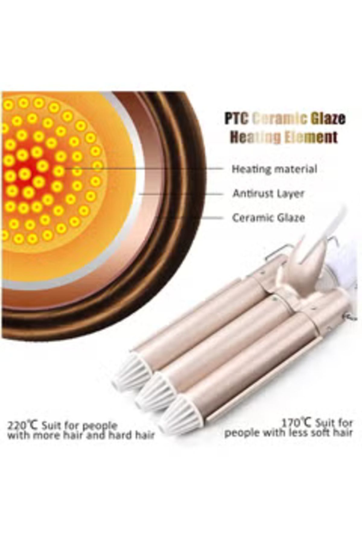 Arabest-3 Barrel Hair Curler Wand Portable Curling Iron Curling Tongs Gold 22MM 3
