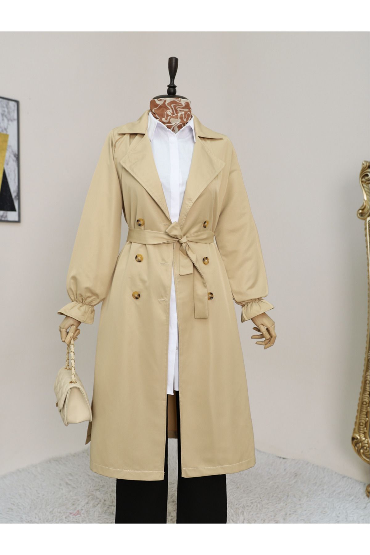 Modamorfo-Double Button Cuff Elastic Waist Tie Trench Coat - Light Mink 1