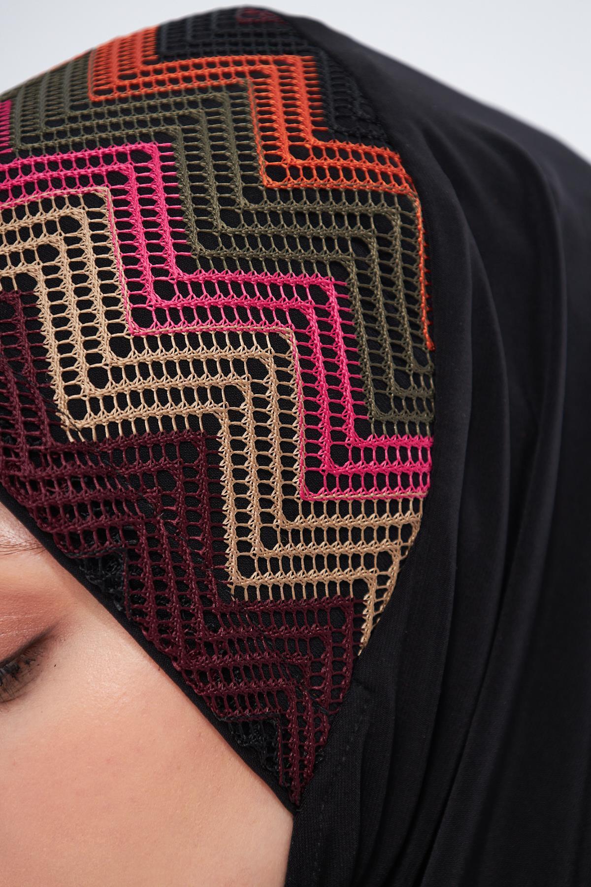 HÜRREM BONE-Practical Ready-Made Black Hijab Scarf - Sandy Colorful Patterned Mesh 2401_01 2