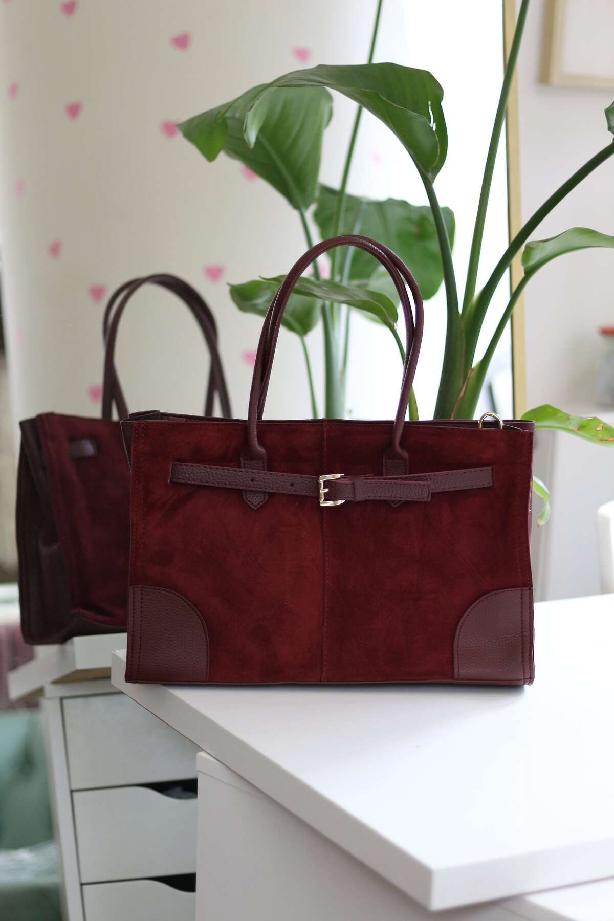 Moom Bag-Women's Burgundy Suede Large Shoulder Bag with Large Clasp Detail 1