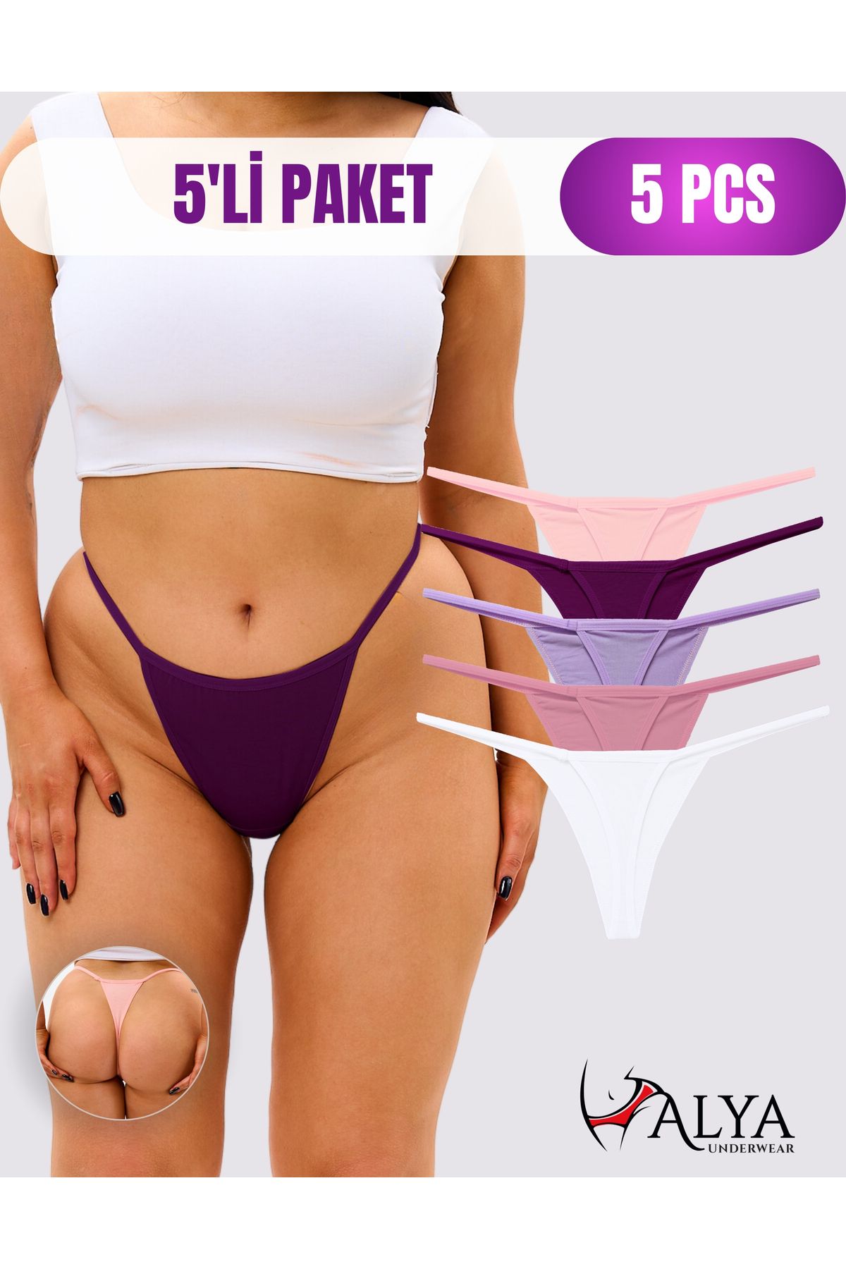 Kadın Ipli Tanga Külotlar - 5’li Paket Renkli Pamuklu String Külot