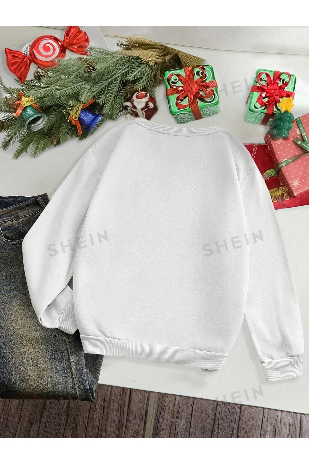 Benisengiydir-Unisex White Deer Merry Chirtmas Printed Oversize Crew Neck Sweatshirt 2