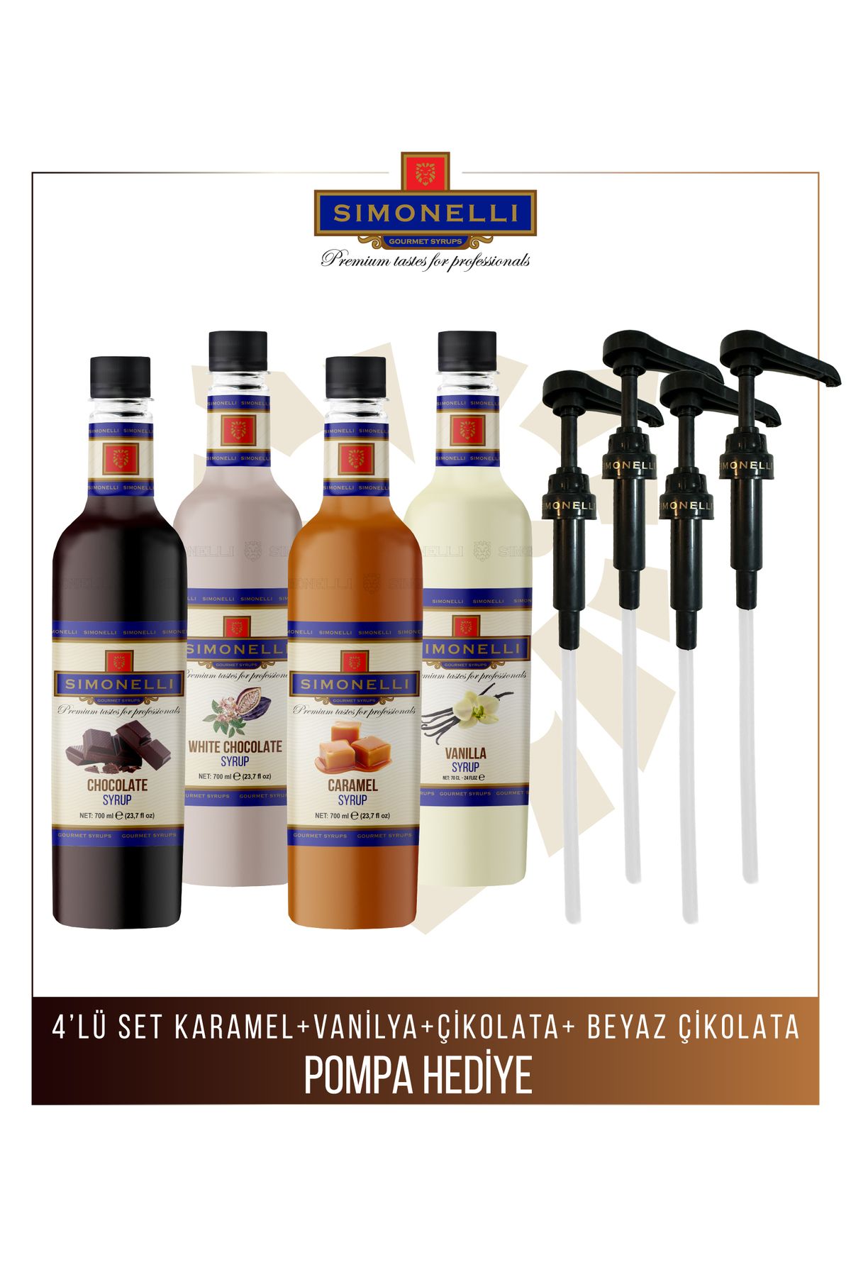 Simonelli Kahve ve Kokteyl Şurubu 700 ml 4'lü Set Karamel+Vanilya+Çikolata+Beyaz Çikolata + 4 Adet Pompa