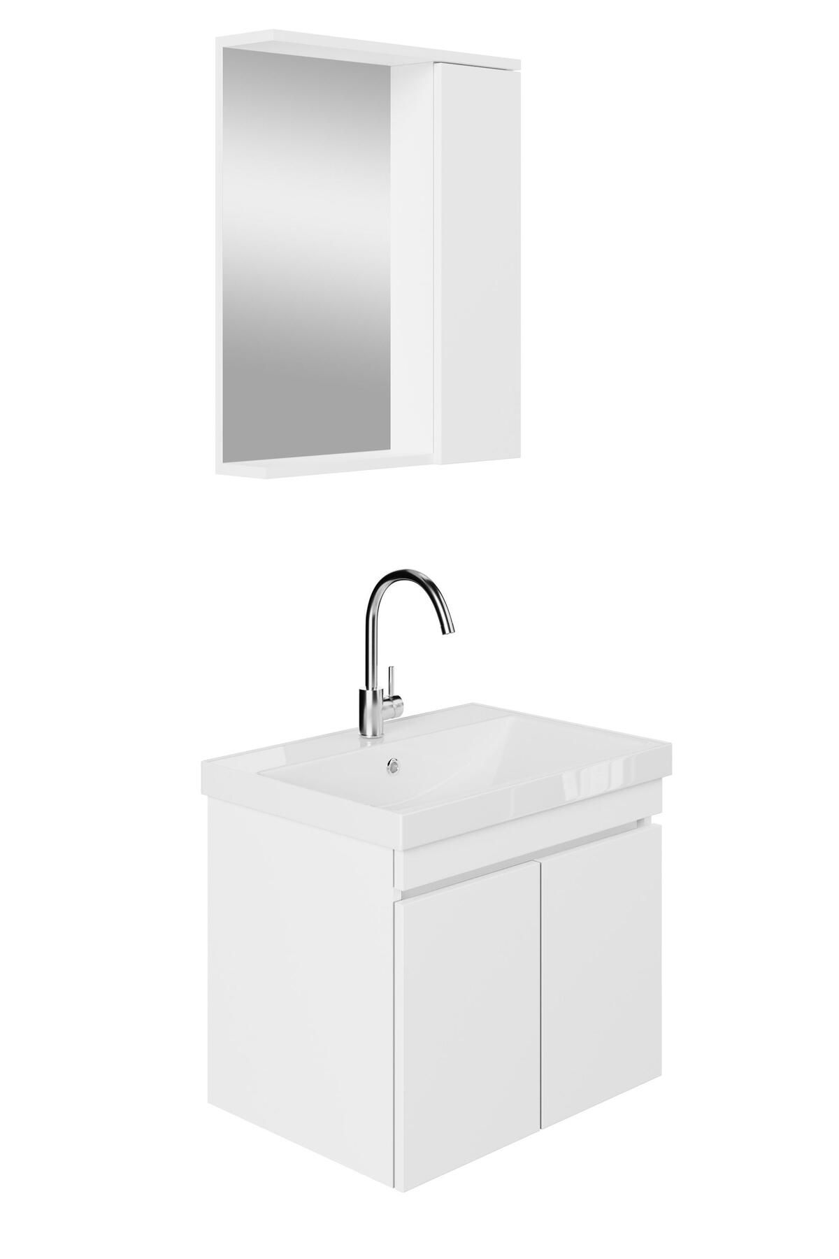 KAREN BANYO Koza Banyo Dolabı Seti, 60 Cm Beyaz, Lavabo Dahil Lavabolu