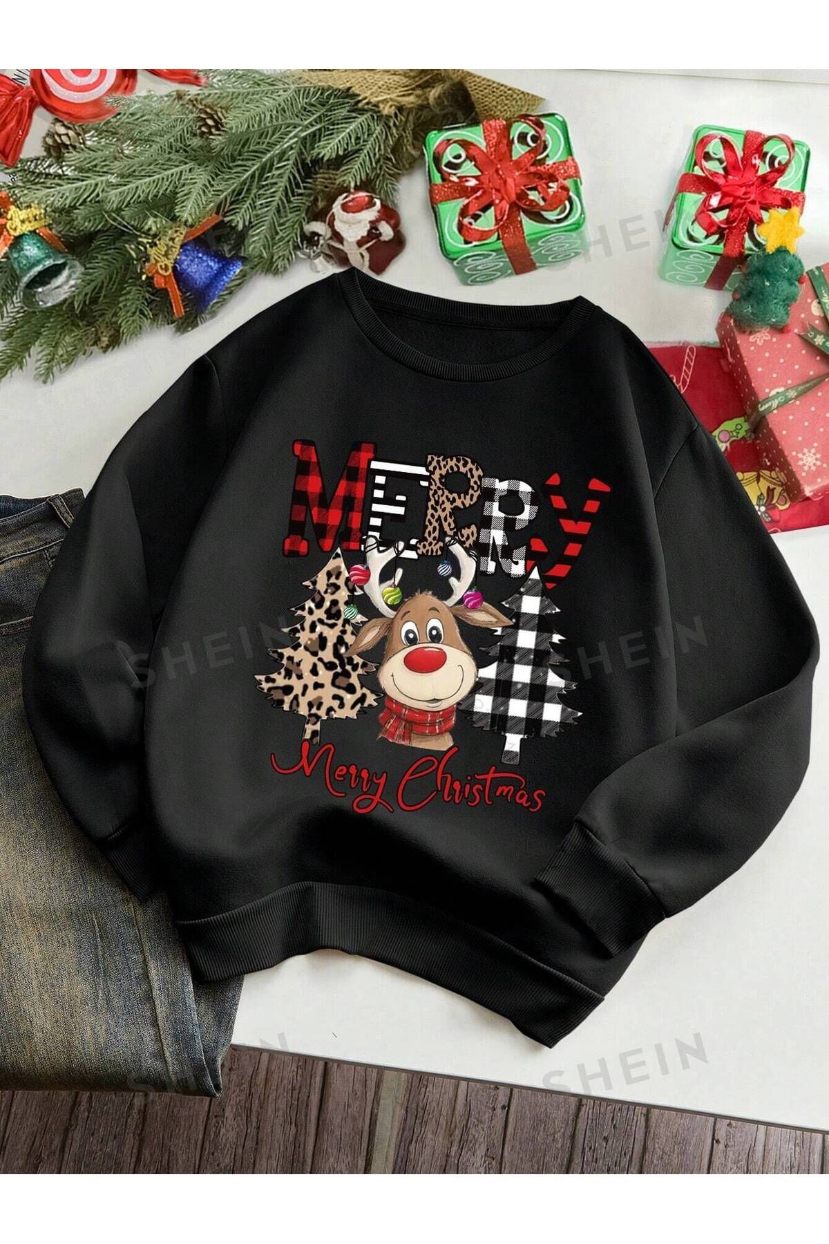 Black Sokak-Unisex Black Deer Merry Chirtmas Printed Oversize Crew Neck Sweatshirt 1