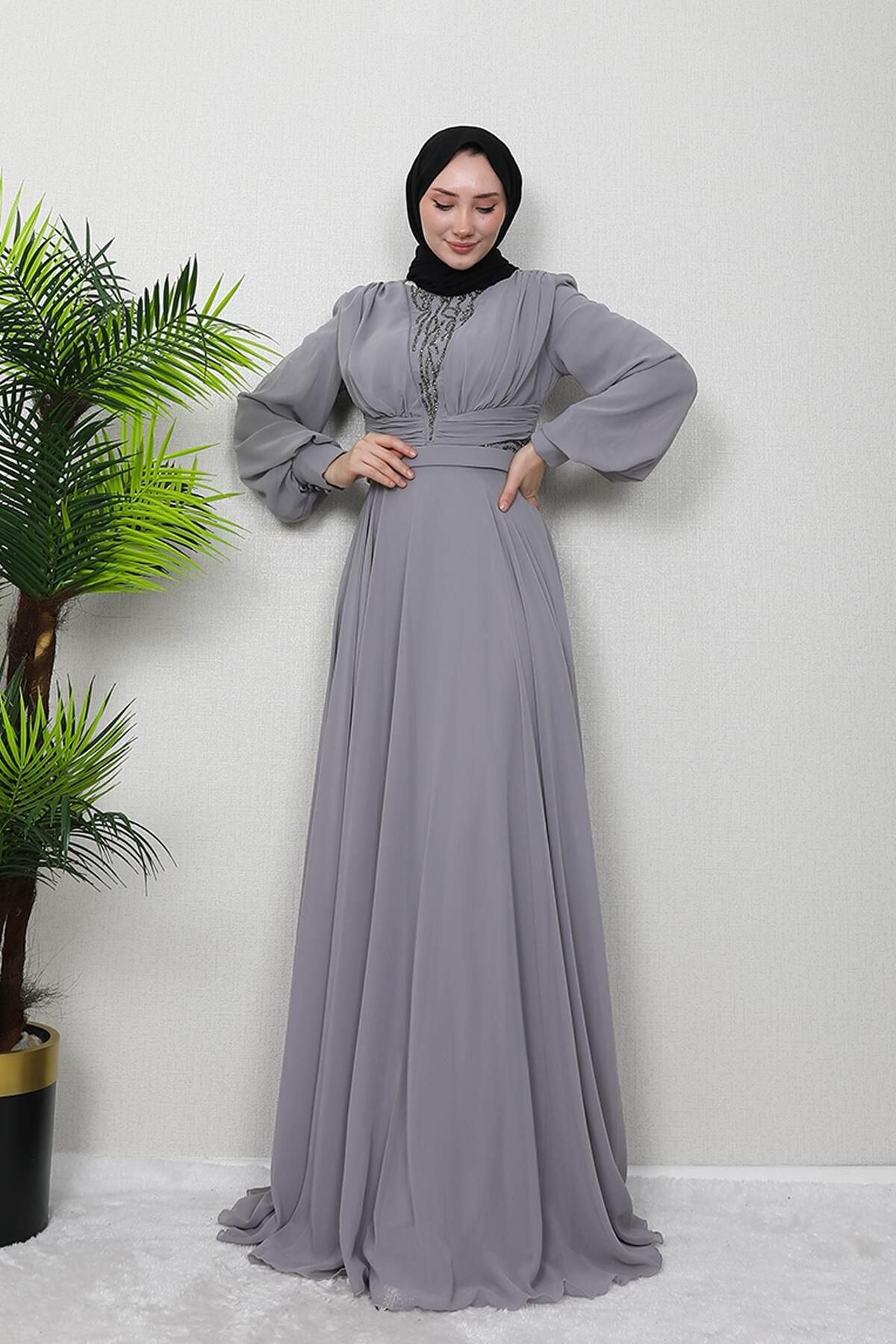 GİZ AGİYİM-Gray Wormwood Chiffon Stone Evening Dress 2