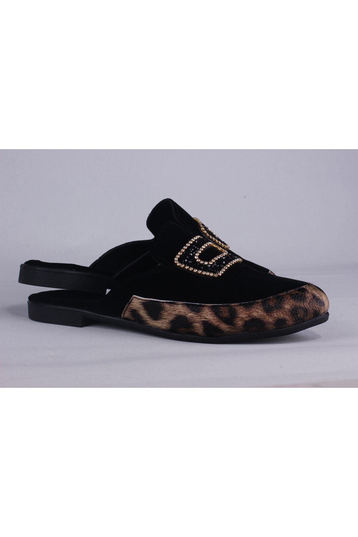 sengahenk-Gold Leopard Detailed Velvet Slippers with Oval Stones 5