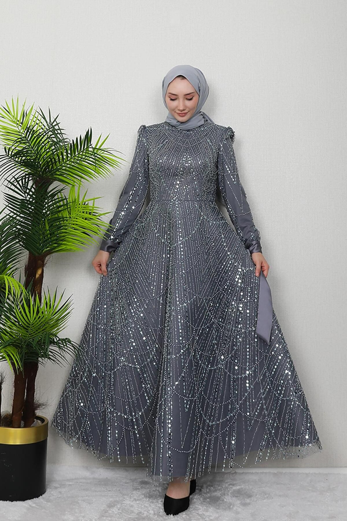 GİZ AGİYİM-Dark Gray Mahur Hijab Evening Dress 2