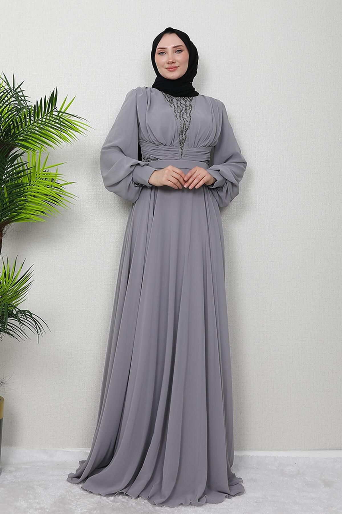 GİZ AGİYİM-Gray Wormwood Chiffon Stone Evening Dress 3