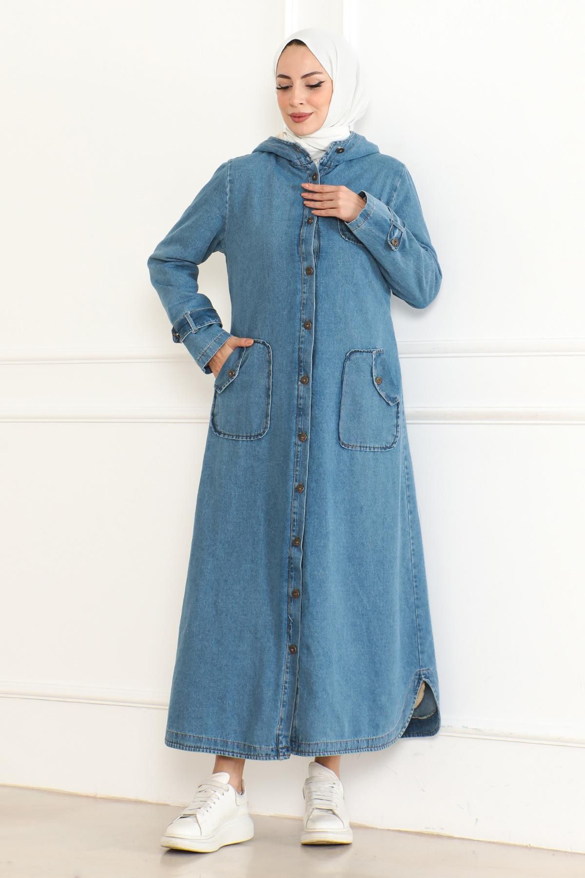 Modamihram-Light Blue Hooded Denim Coat - 19230 3