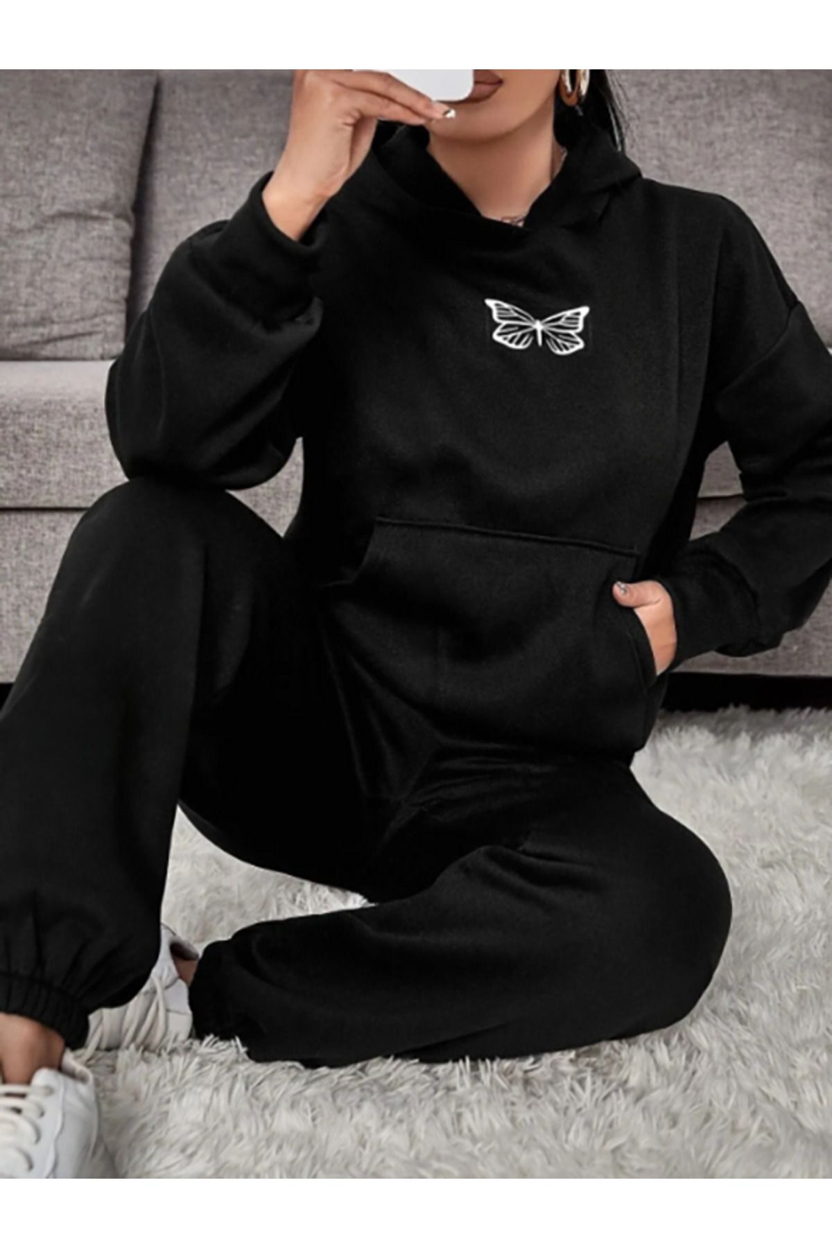FoxSkin Sportswear&Company Siyah Kelebek Baskılı Oversize kapüşonlu alt üst eşofman takımı Lastik Paça