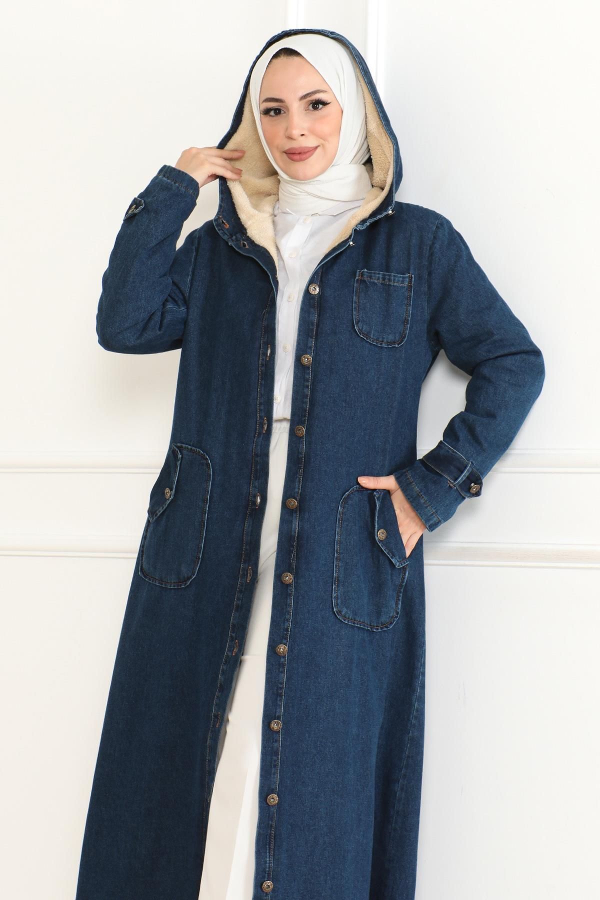Modamihram-Dark Blue Hooded Denim Coat - 19230 2