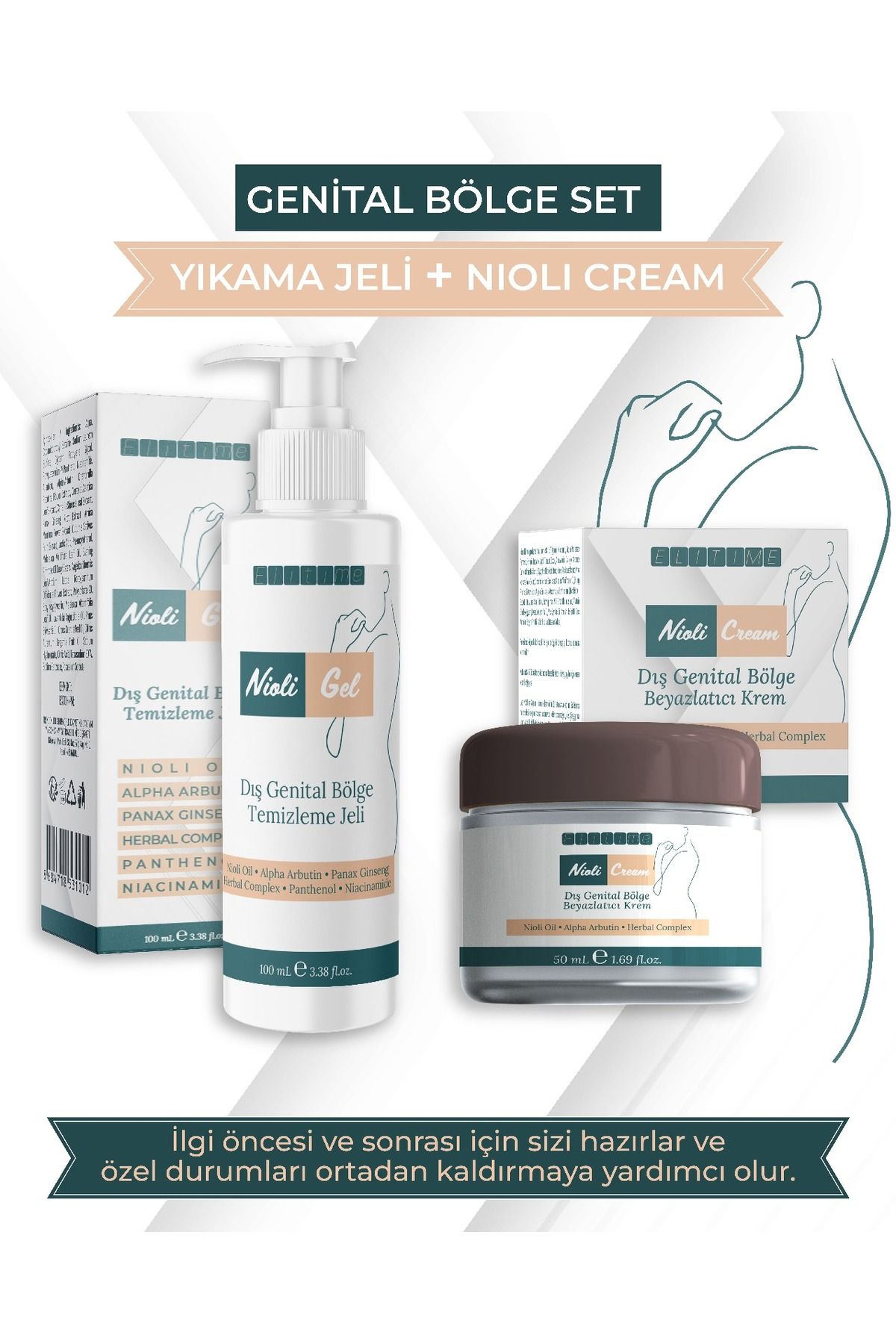 Elitime Nioli Cream+Nioli yıkama jel Genital Beyazlatıcı Vajina Kremi Mantar Koku Akıntı Kaşıntı Giderici