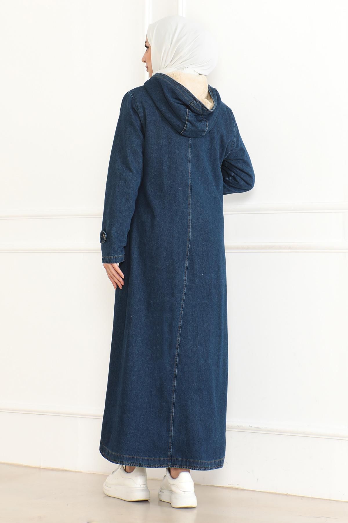 Modamihram-Dark Blue Hooded Denim Coat - 19230 4