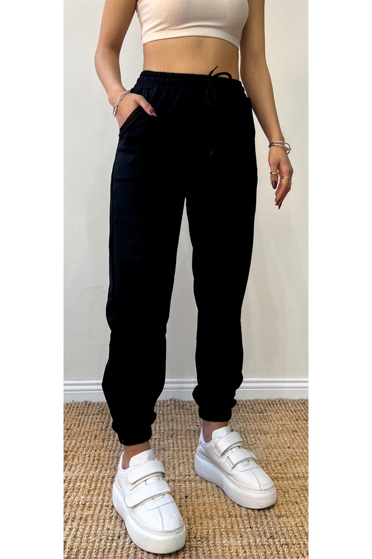 HOFFNUNG Jogger 3 Iplık No Logo Örme Kumaş Lastikli Şardonlu Eşofman Altı