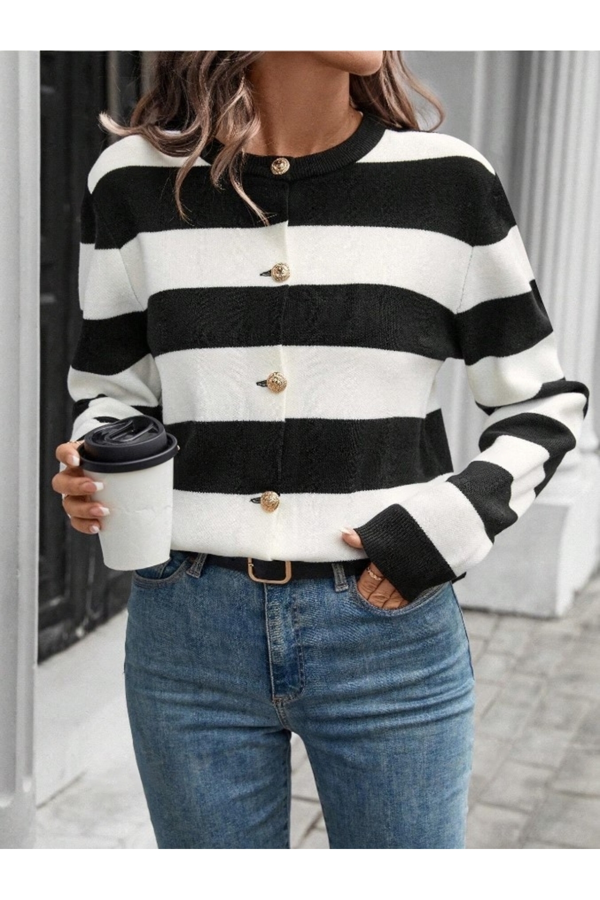 Dier Moda  Triko Şeritli Kısa Hırka - Görsel 5