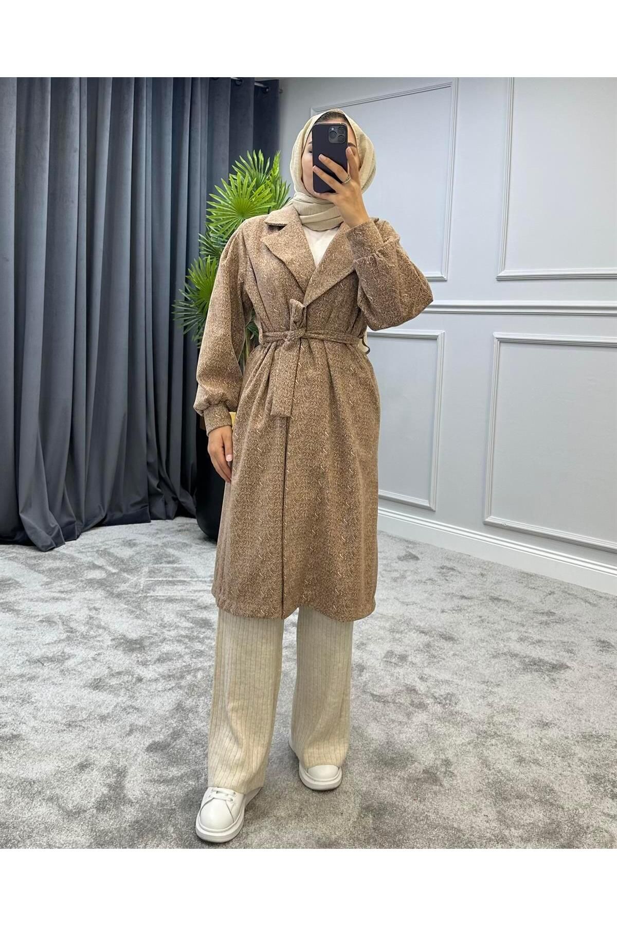 کت پوشیده چند رنگ زنانه شتر COAT اورجینال MERVEN AKYÜZ