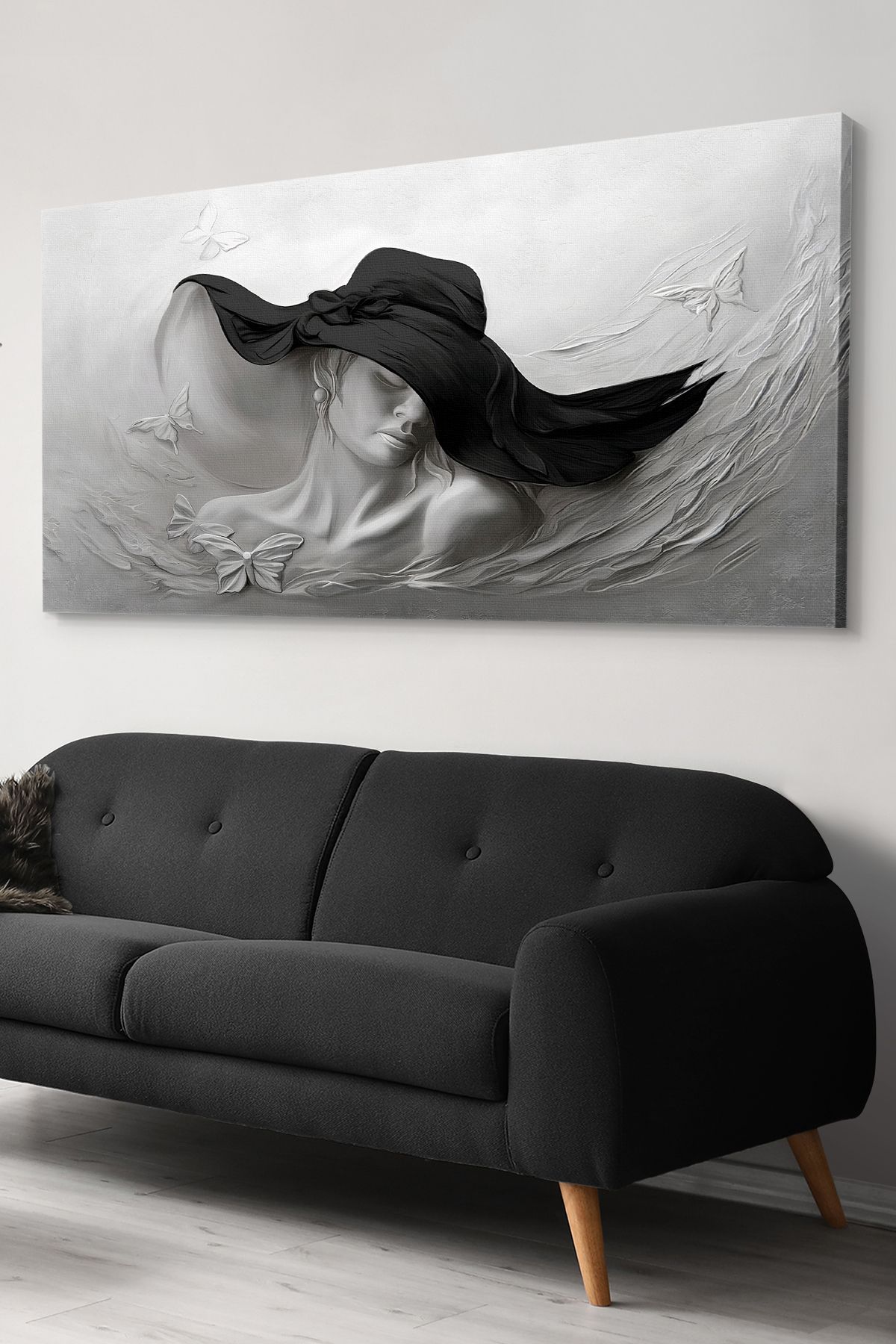 Evinemoda Femeie Cu Pălărie Neagră Aspect Pictură În Ulei Pânză Dintr-o Bucată - Pictură Pe Pânză - 40 x 30