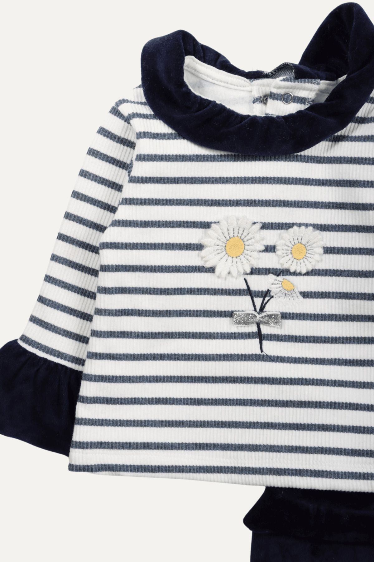 Biminik-Daisy Stripe Detailed Velvet Baby Girl Double Set 3