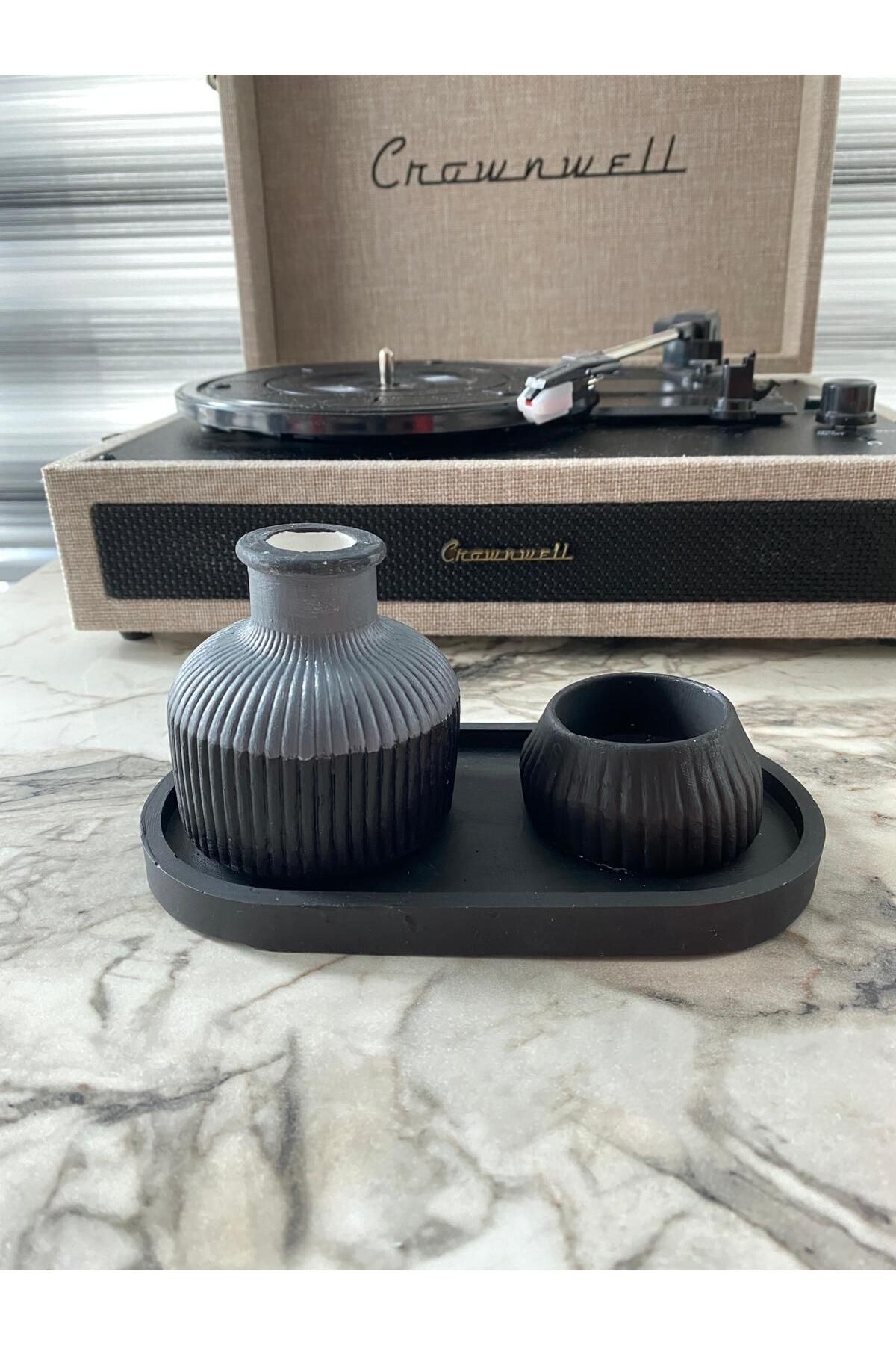 teknotrust Şık Çizgili Vazo, Tealight ve Oval Takı Tabağı 3'lü Set, Hediye Alternatifi