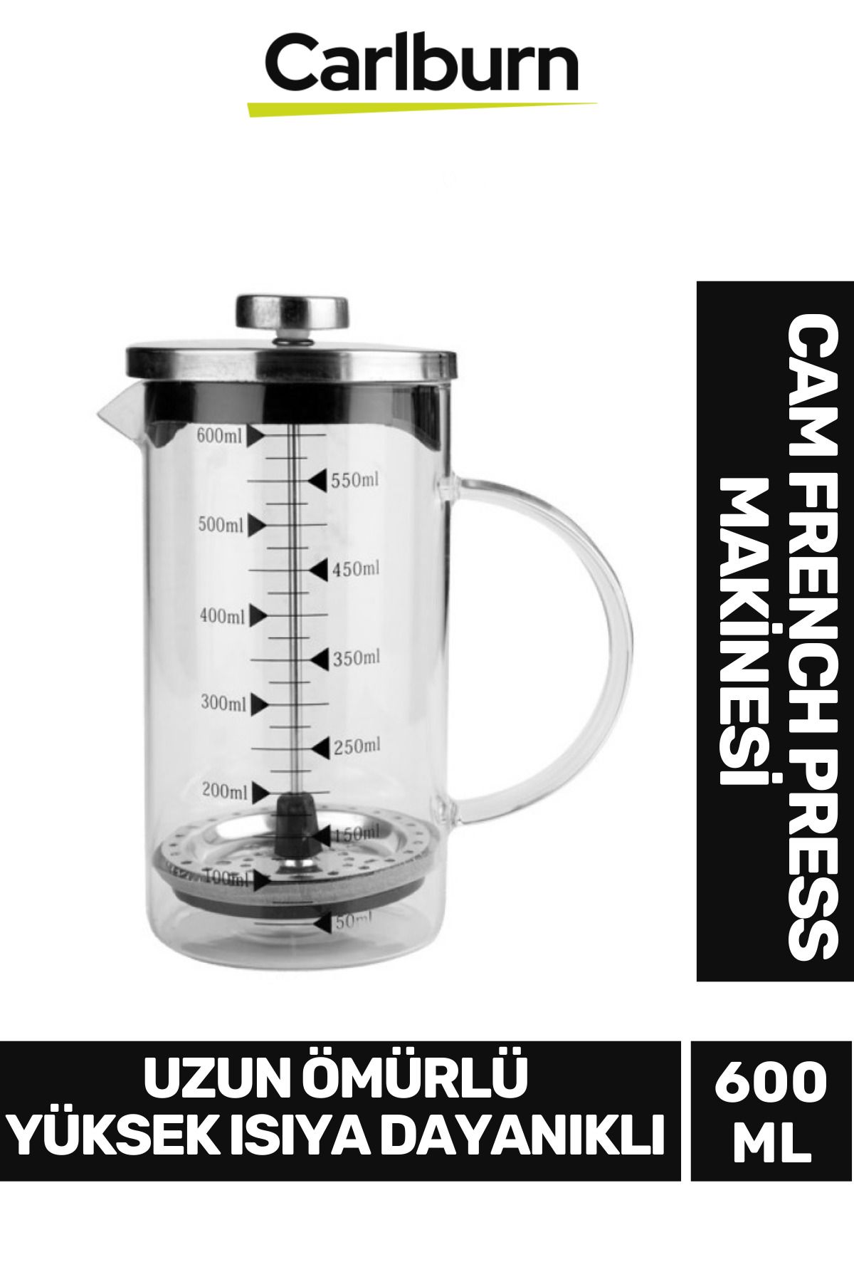 Carlburn Özel Üretim Isıyı Uzun Süre Koruyan Süzgeçli Bitki Çayı Demliği Filtre Kahve French Press 600 ml