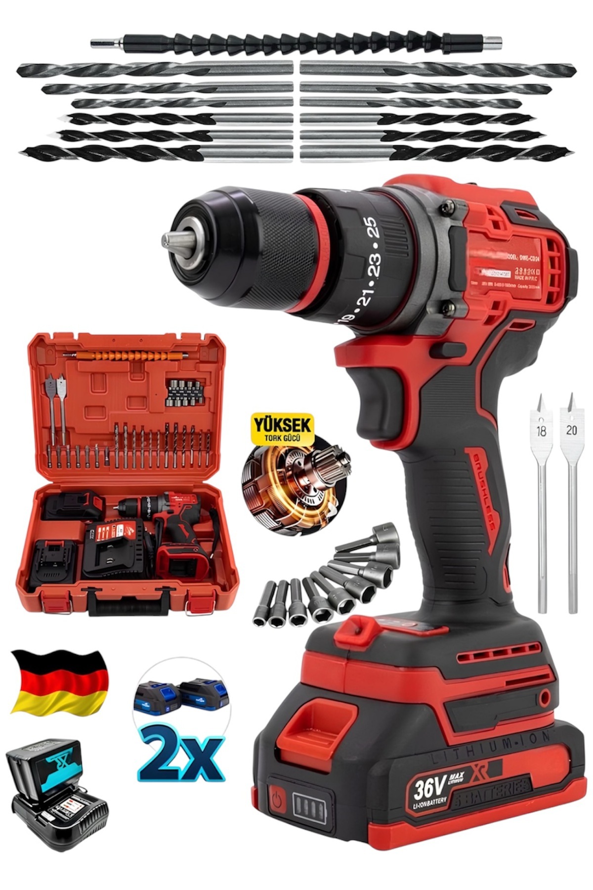 DYNAMİC MAX ALMAN ŞARJLI 980F KÖMÜRSÜZ MOTOR ÇELİK MANDREN AKÜLÜ DARBELİ MATKAP 10MM VİDALAMA KIRMIZI