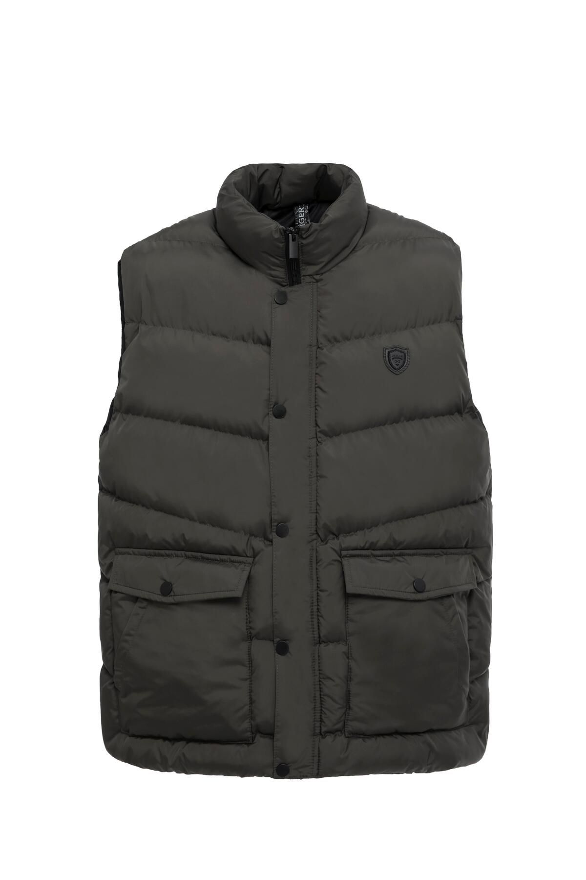 Danger-Men's Large Size Puffer Vest with Pocket Detail Khaki 1