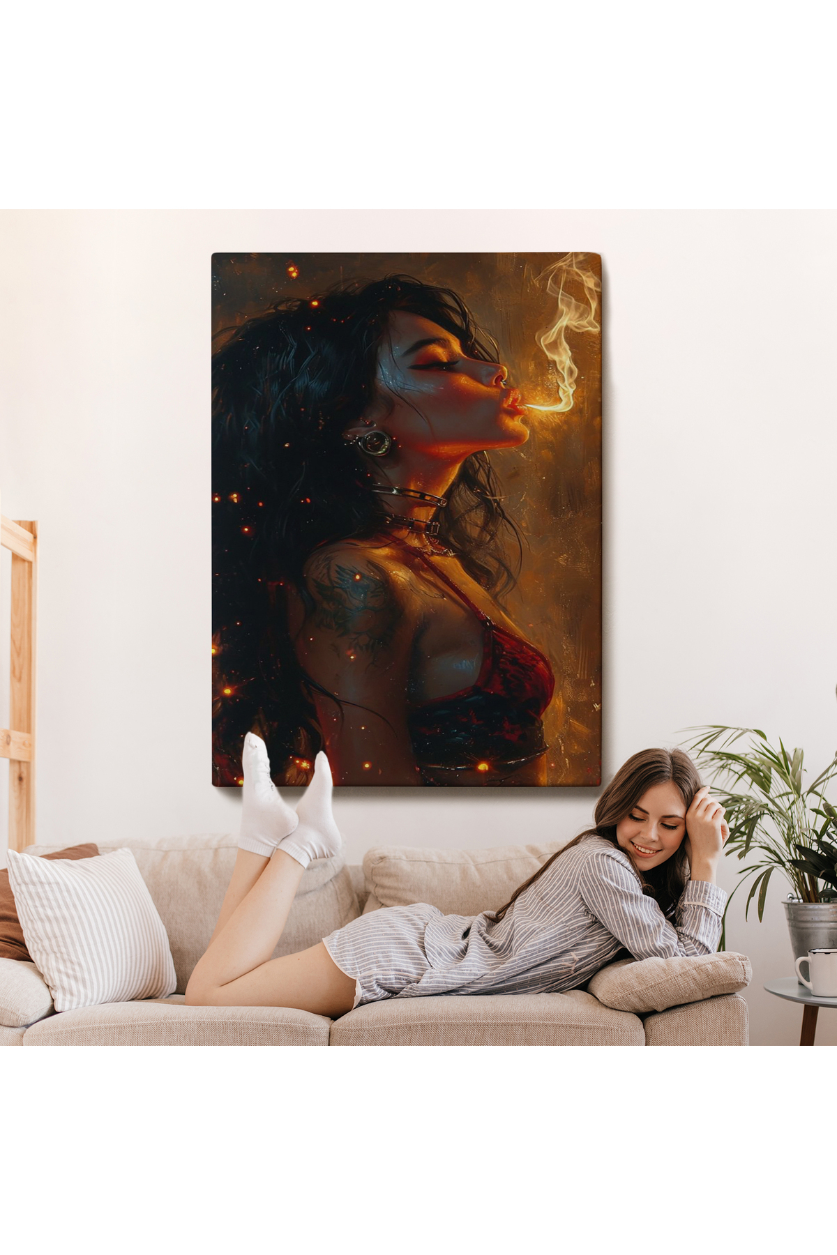 Dumanı Üfleyen Güzel Kadın Kanvas Tablo görsel 7