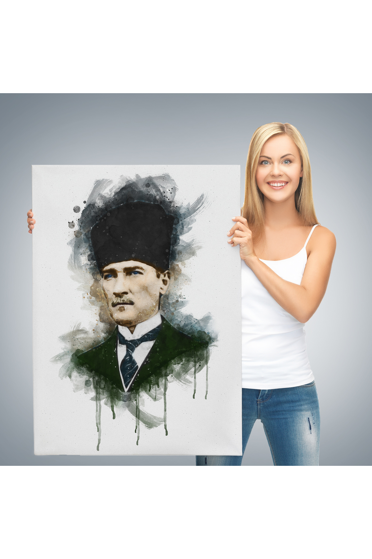 Mustafa Kemal Atatürk'ün Suluboya Görünümlü Portresi Dekoratif Kanvas Tablo görsel 3