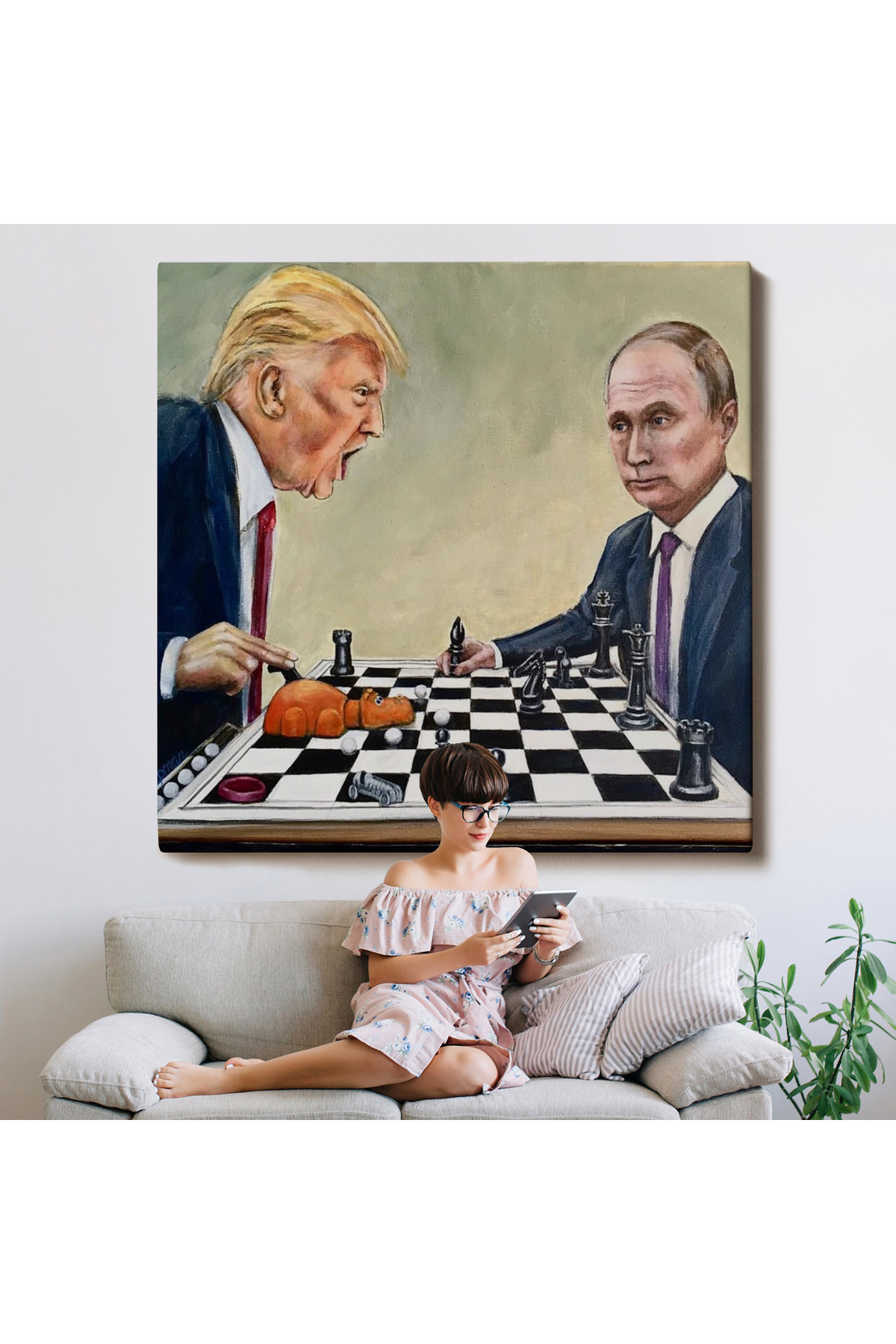 Donald Trump - Vladimir Putin Santranç Oynarken Kanvas Tablosu görsel 8
